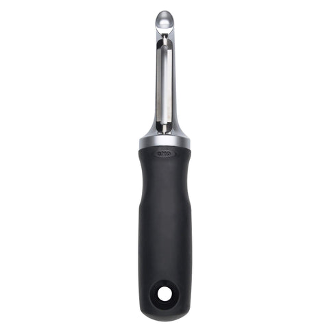 OXO Good Grips Pro Swivel Peeler handle detail showing non-slip ergonomic grip for easy peeling.