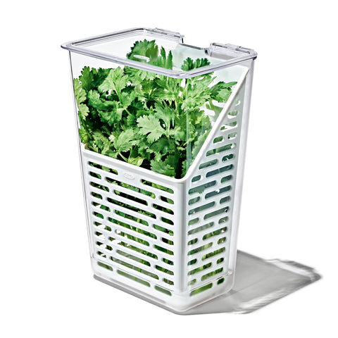 OXO Good Grips Herb Keeper front view showing compact, fridge-friendly design for herbs.