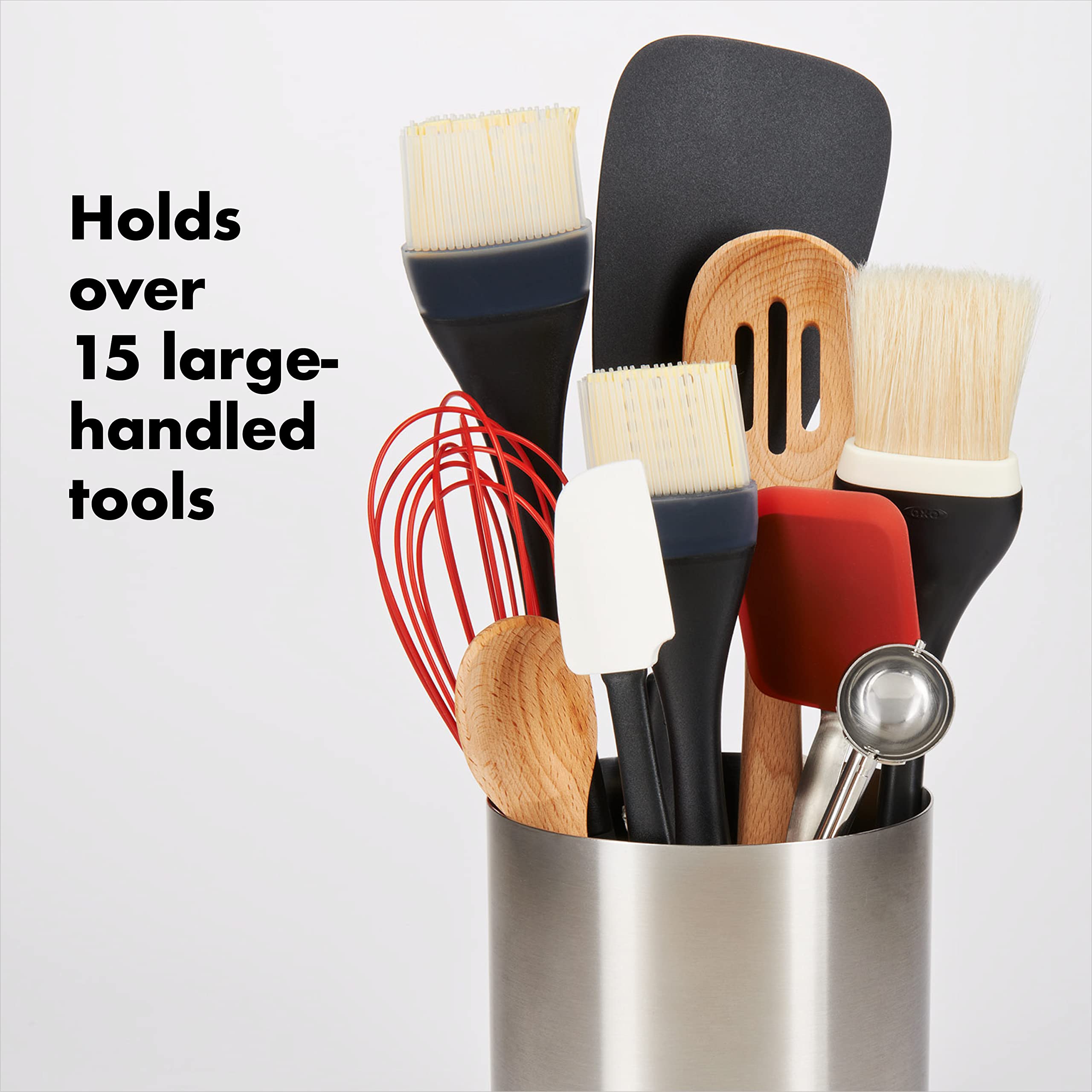 OXO Good Grips rotating utensil holder tall body keeps tools upright for neat storage.