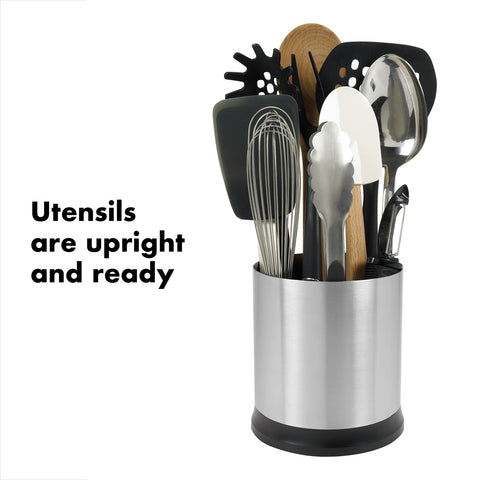 OXO Good Grips rotating utensil holder with three-compartment design keeps utensils organized.