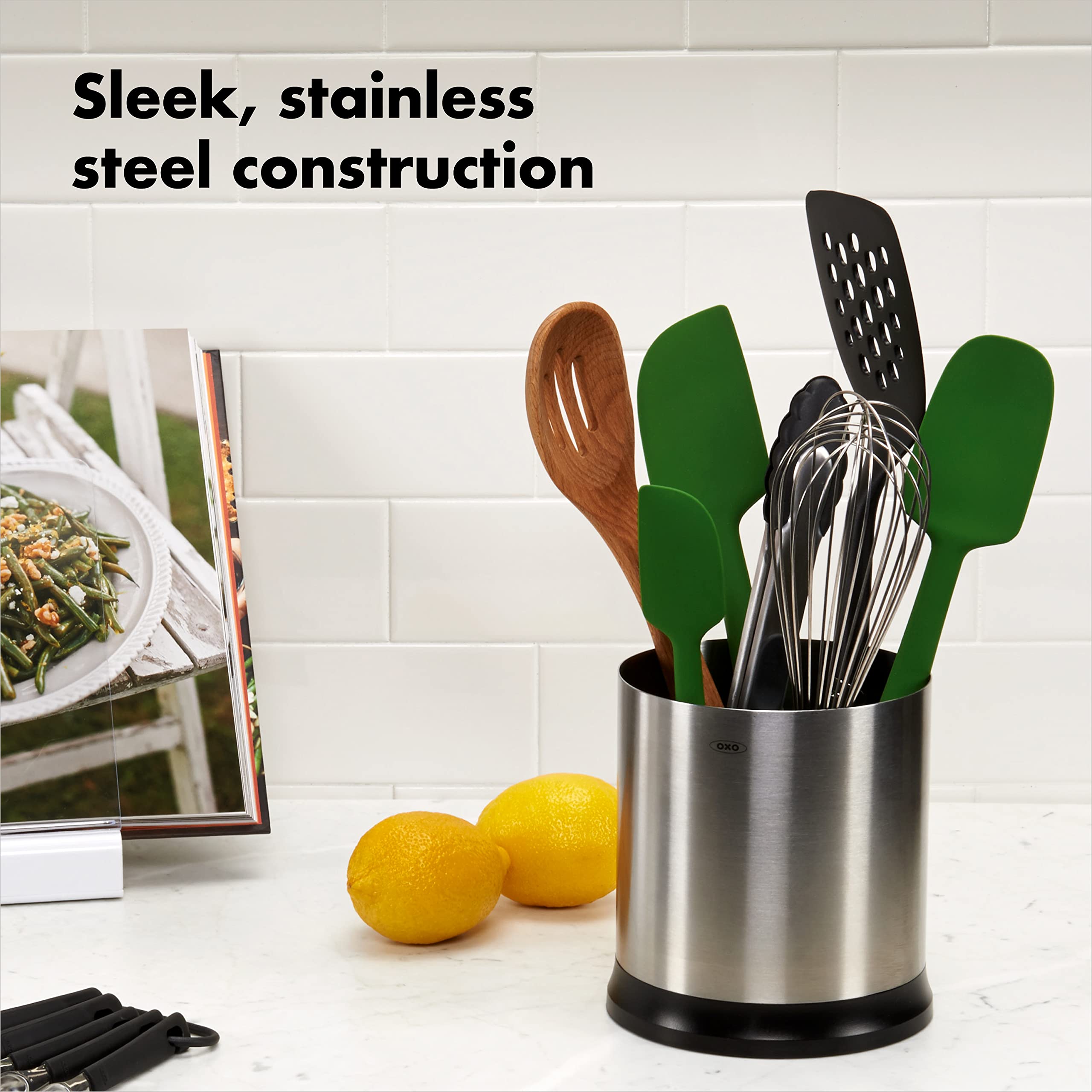 OXO Good Grips rotating utensil holder non-slip feet prevent tipping during use.