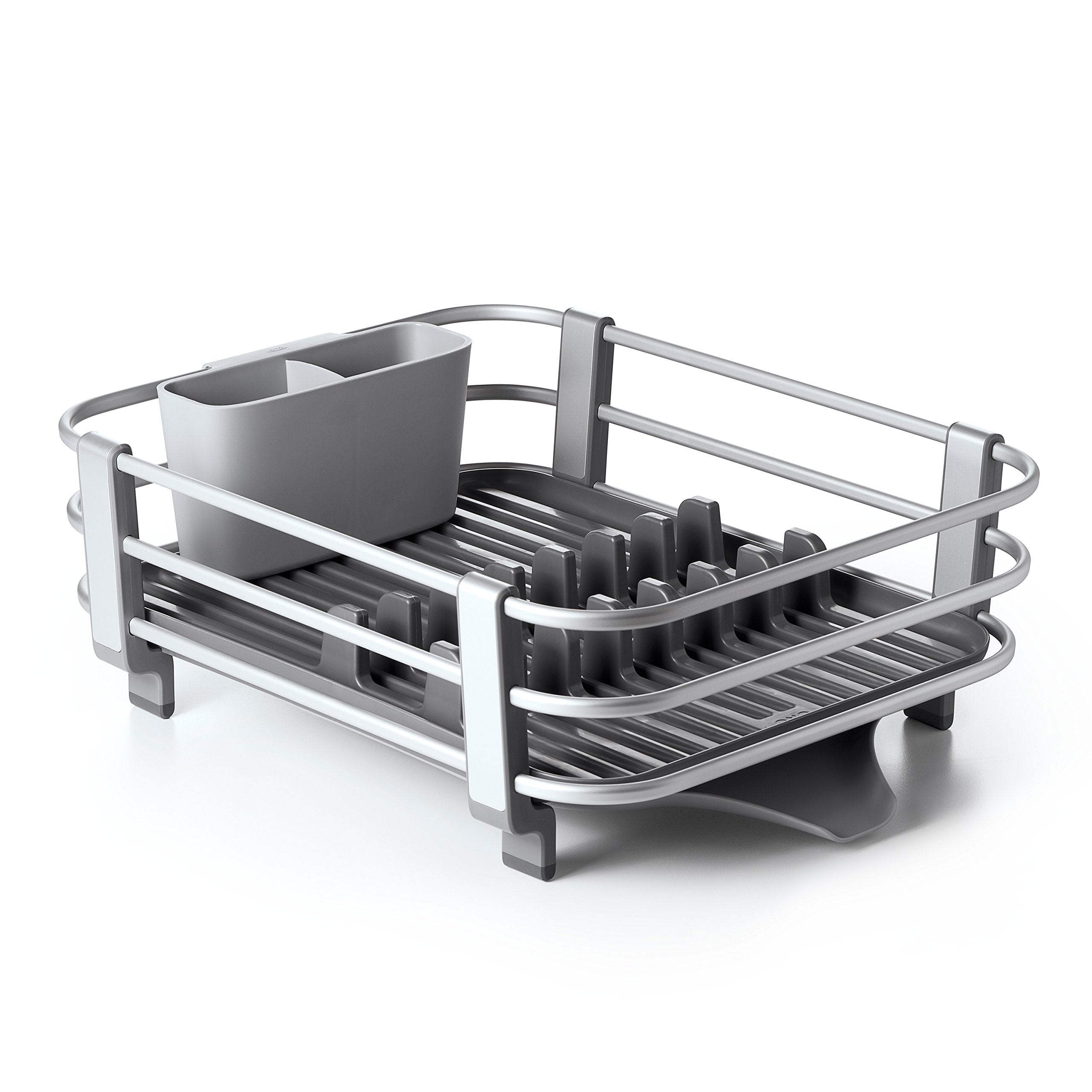 OXO Good Grips dish rack top view highlights rustproof aluminum frame for durable everyday use.