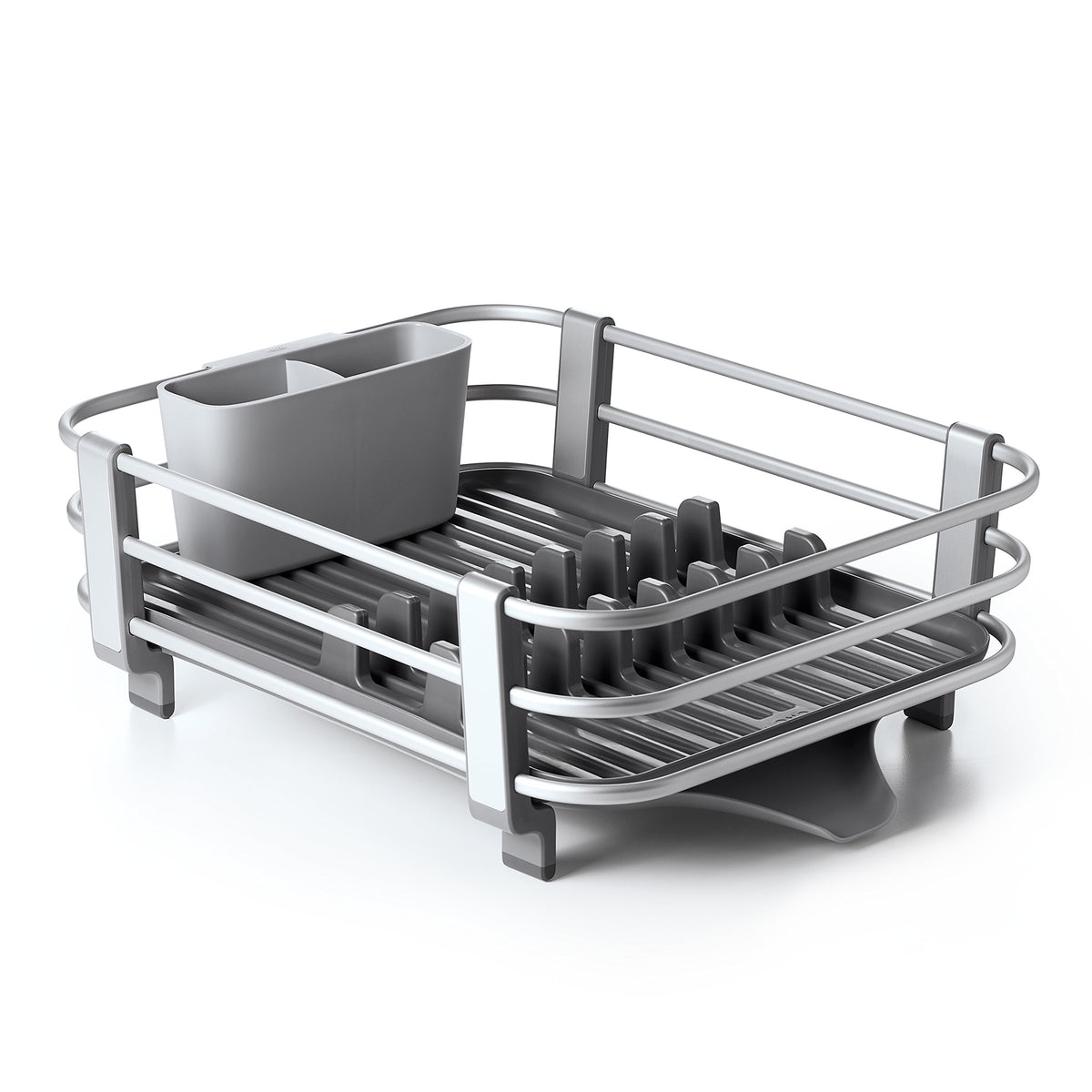 OXO Good Grips dish rack top view highlights rustproof aluminum frame for durable everyday use.