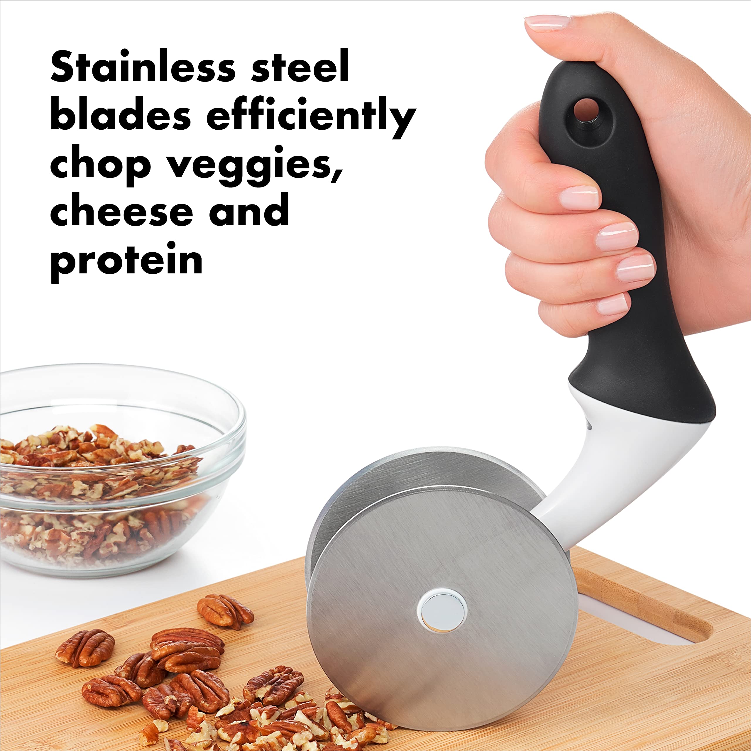 OXO Good Grips Salad Chopper with Bowl featuring a soft non-slip handle for comfort.