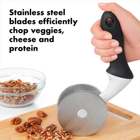 OXO Good Grips Salad Chopper with Bowl featuring a soft non-slip handle for comfort.