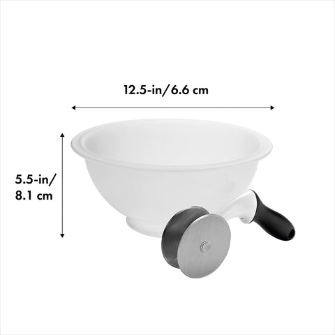 OXO Good Grips Salad Chopper with Bowl showing stainless steel blades for versatile slicing.