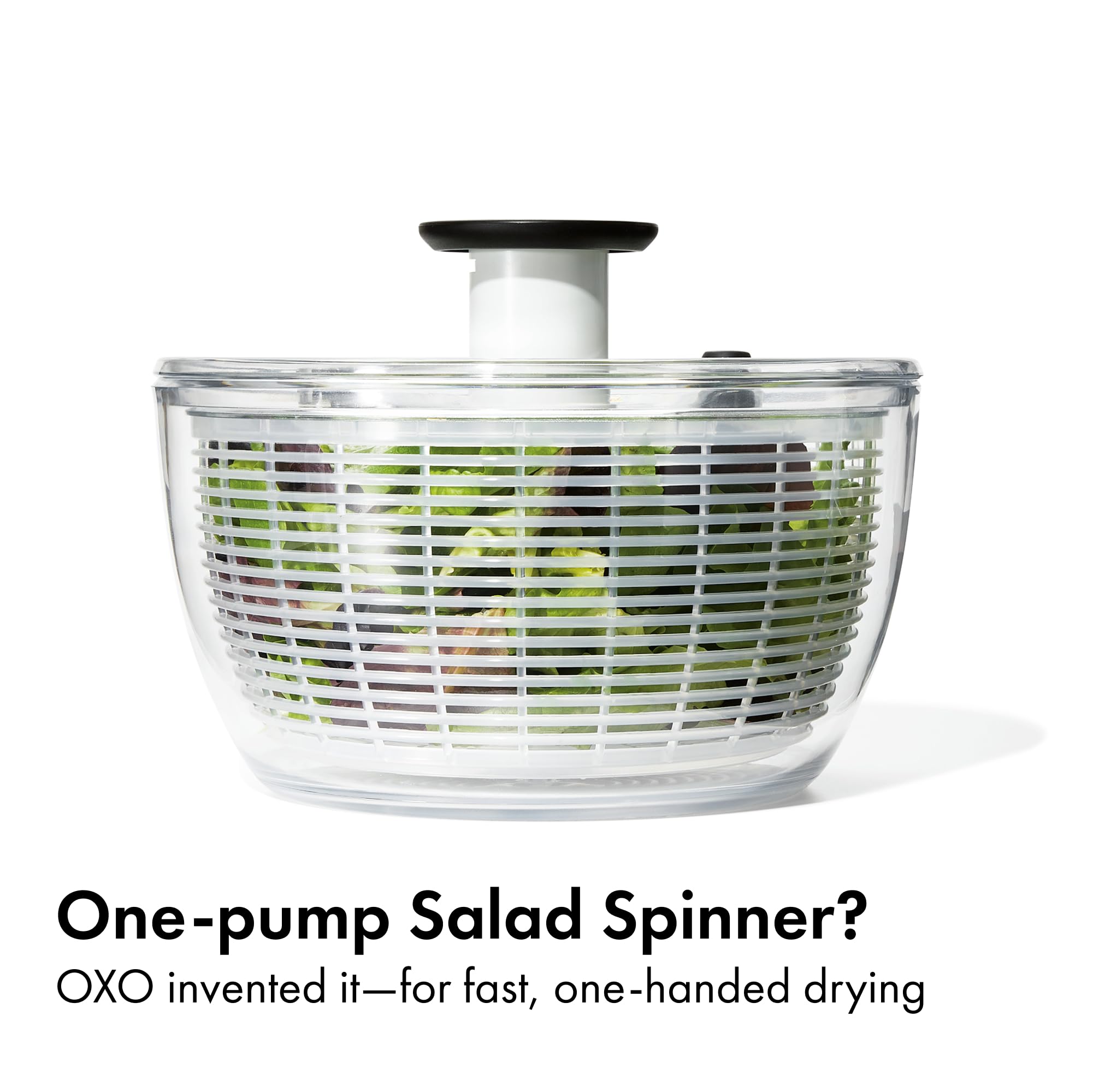 OXO Good Grips salad spinner brake stop button for controlled unloading.
