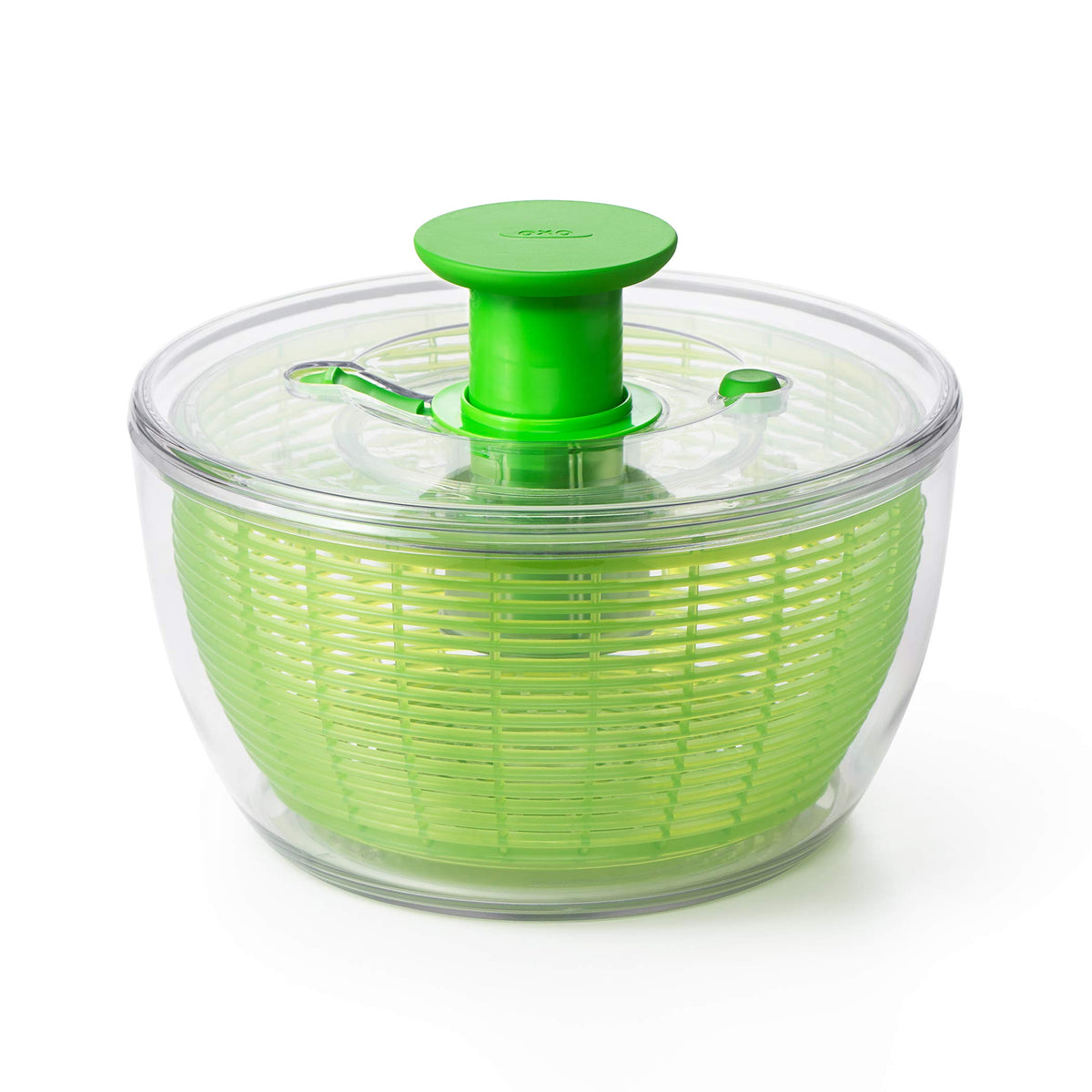 OXO Good Grips Large green salad spinner on countertop showing vibrant design