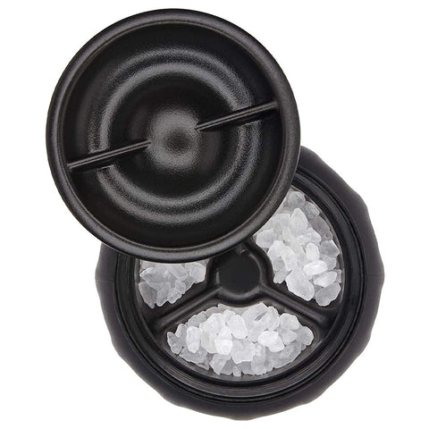 OXO Good Grips salt grinder top view showing simple refilling with cap removal.