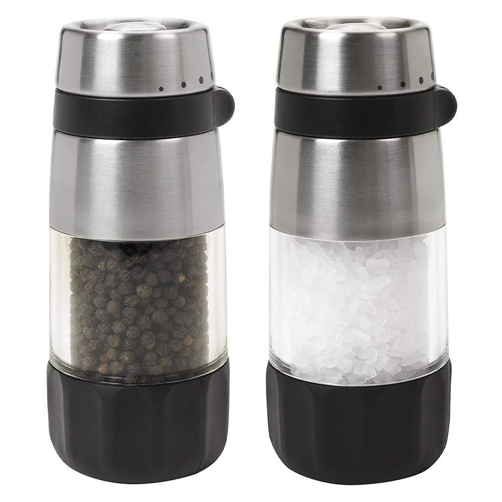OXO Good Grips salt and pepper grinder set on kitchen counter for easy table-side seasoning.