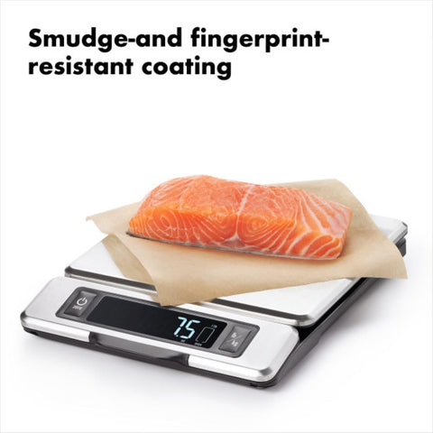 OXO Good Grips unit conversion button supports oz, lb, g, and kg.