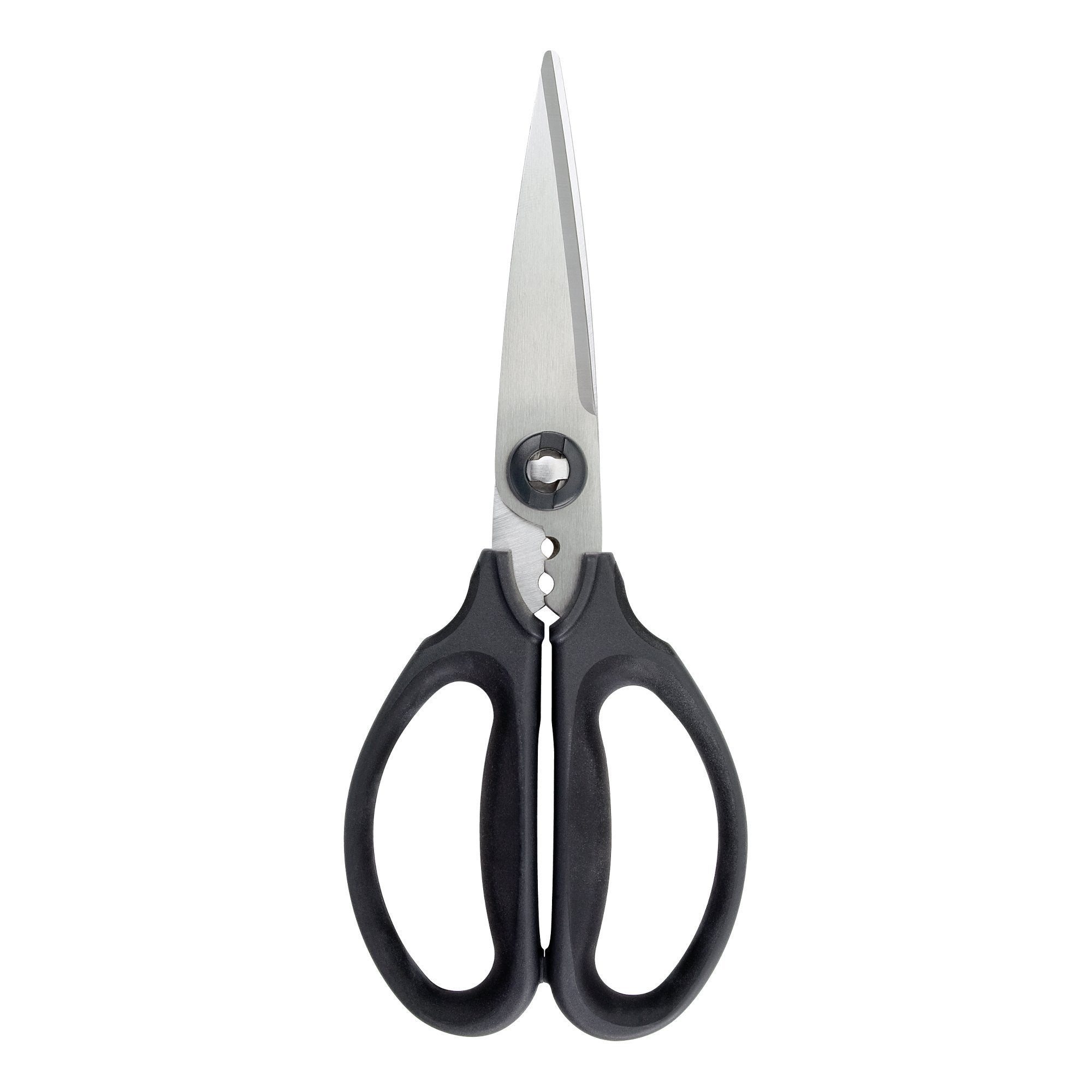 OXO Good Grips scissors blade close-up showing micro-serrated blades for secure cuts