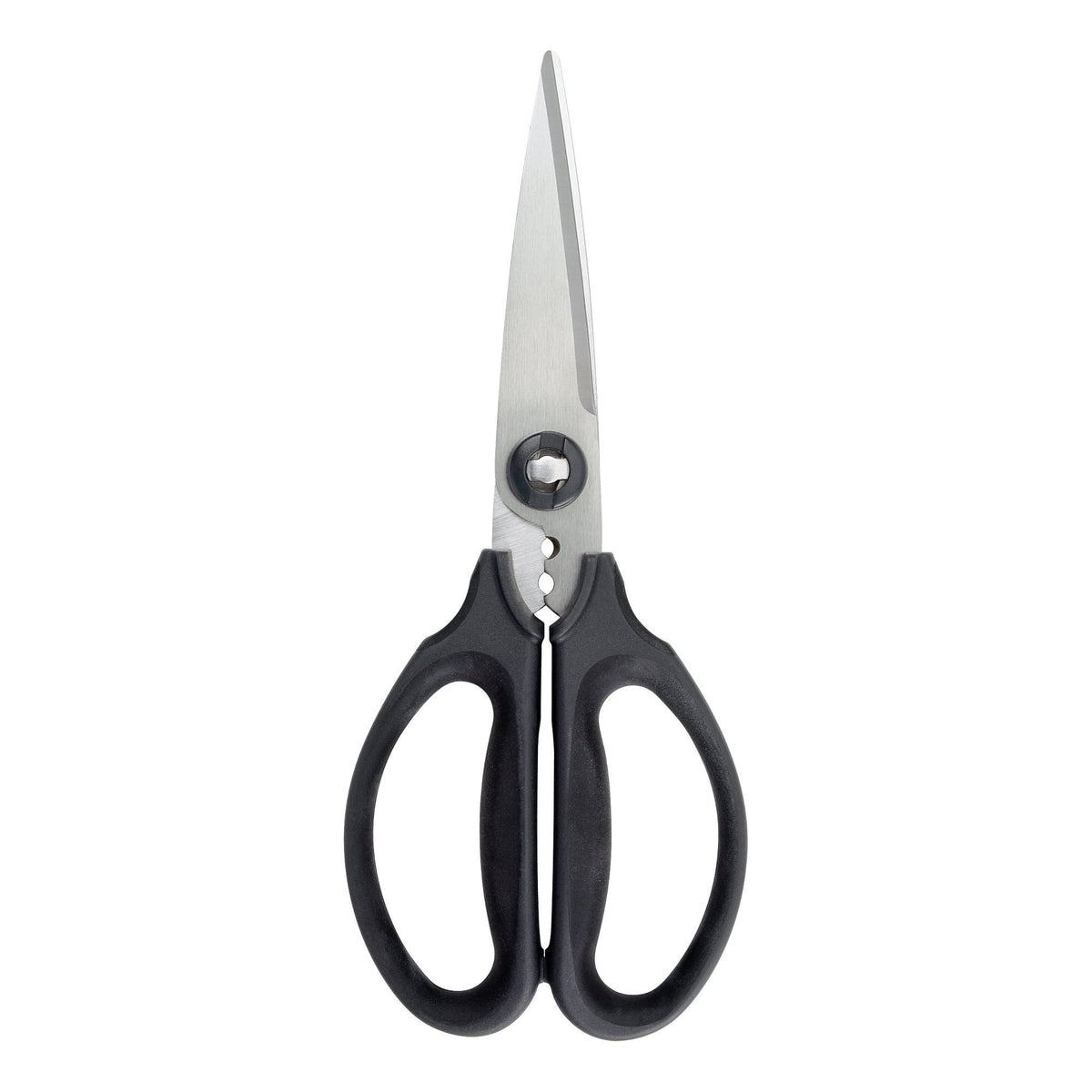 OXO Good Grips scissors blade close-up showing micro-serrated blades for secure cuts