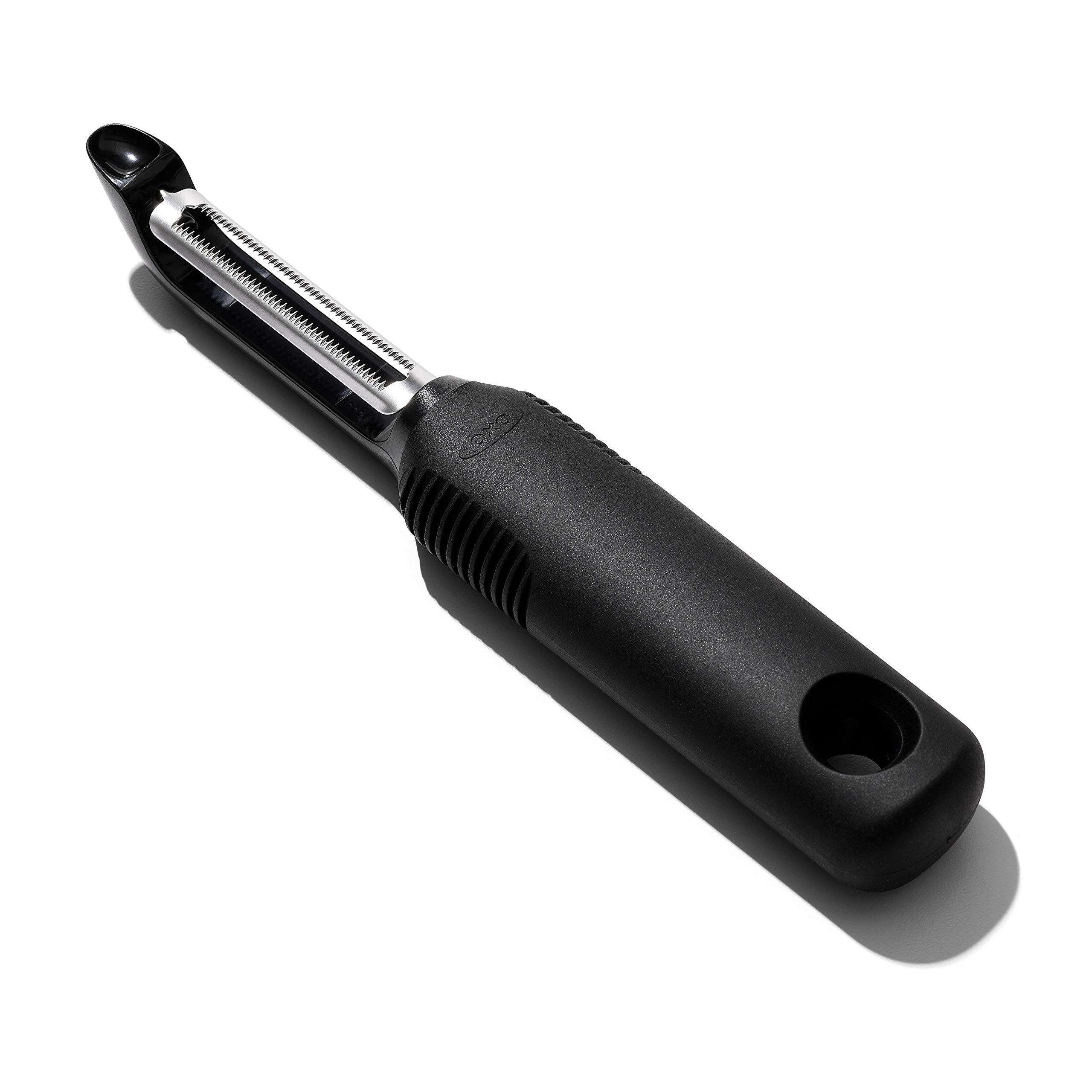 OXO Good Grips Serrated Peeler blade closeup showing sharp serration for soft skins