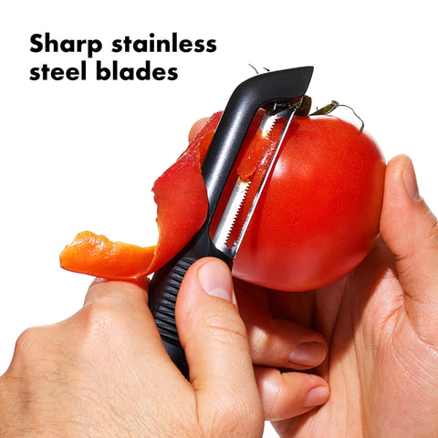 OXO Good Grips Serrated Peeler handle detail highlighting soft non-slip grip