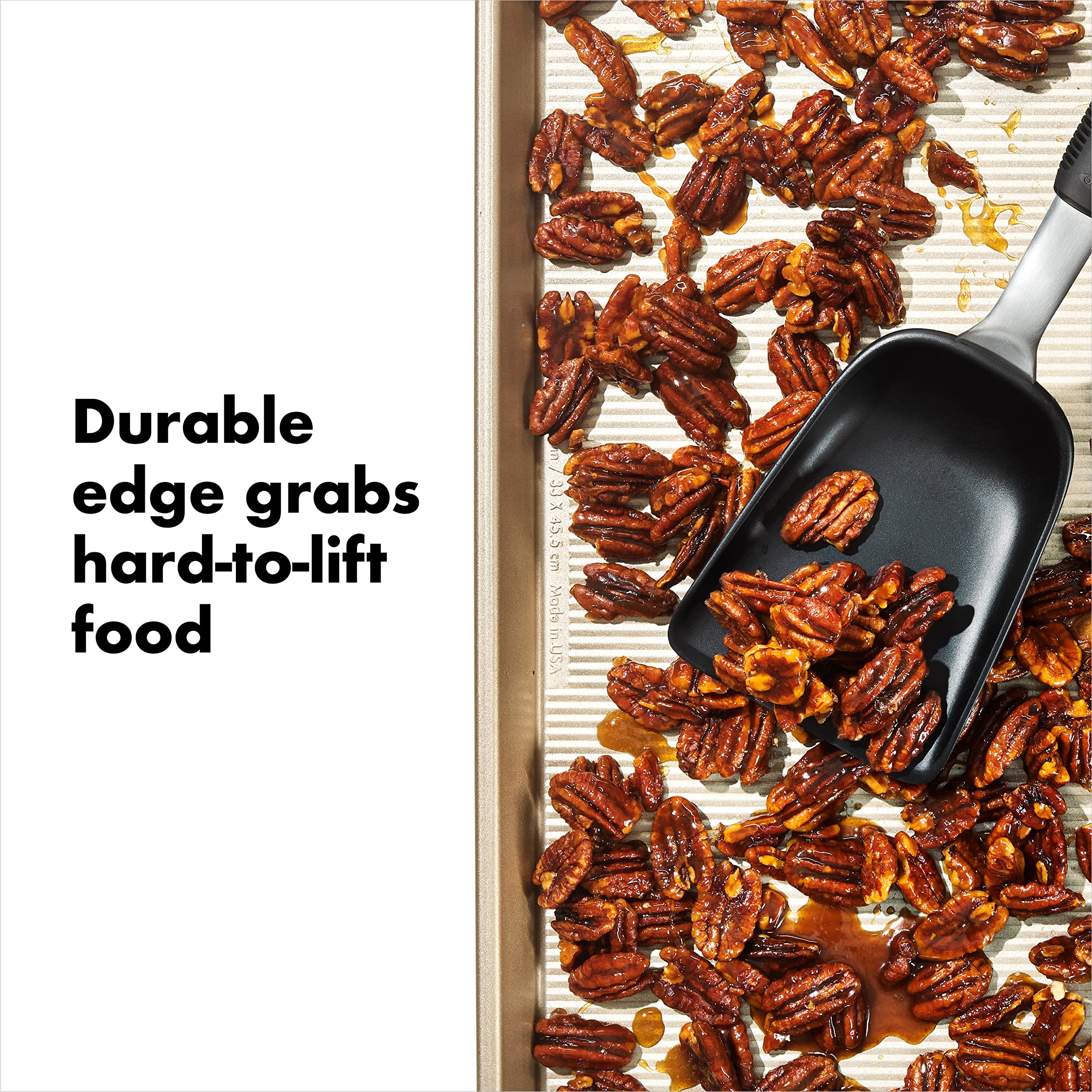 Dishwasher-safe, heat-resistant nylon scoop safe for all cookware types.