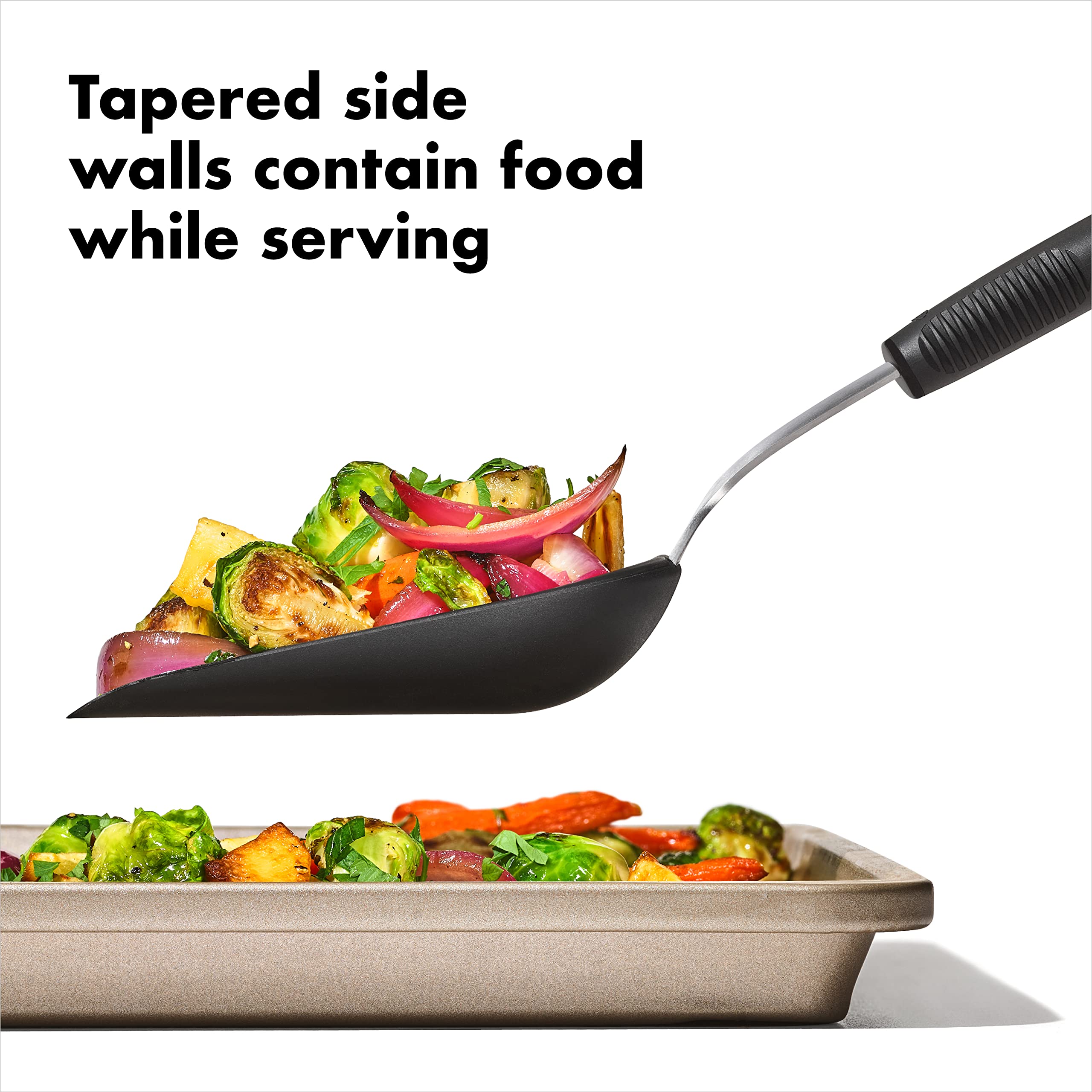 Durable edge slides underneath, scraping pans and stuck bits while cooking.
