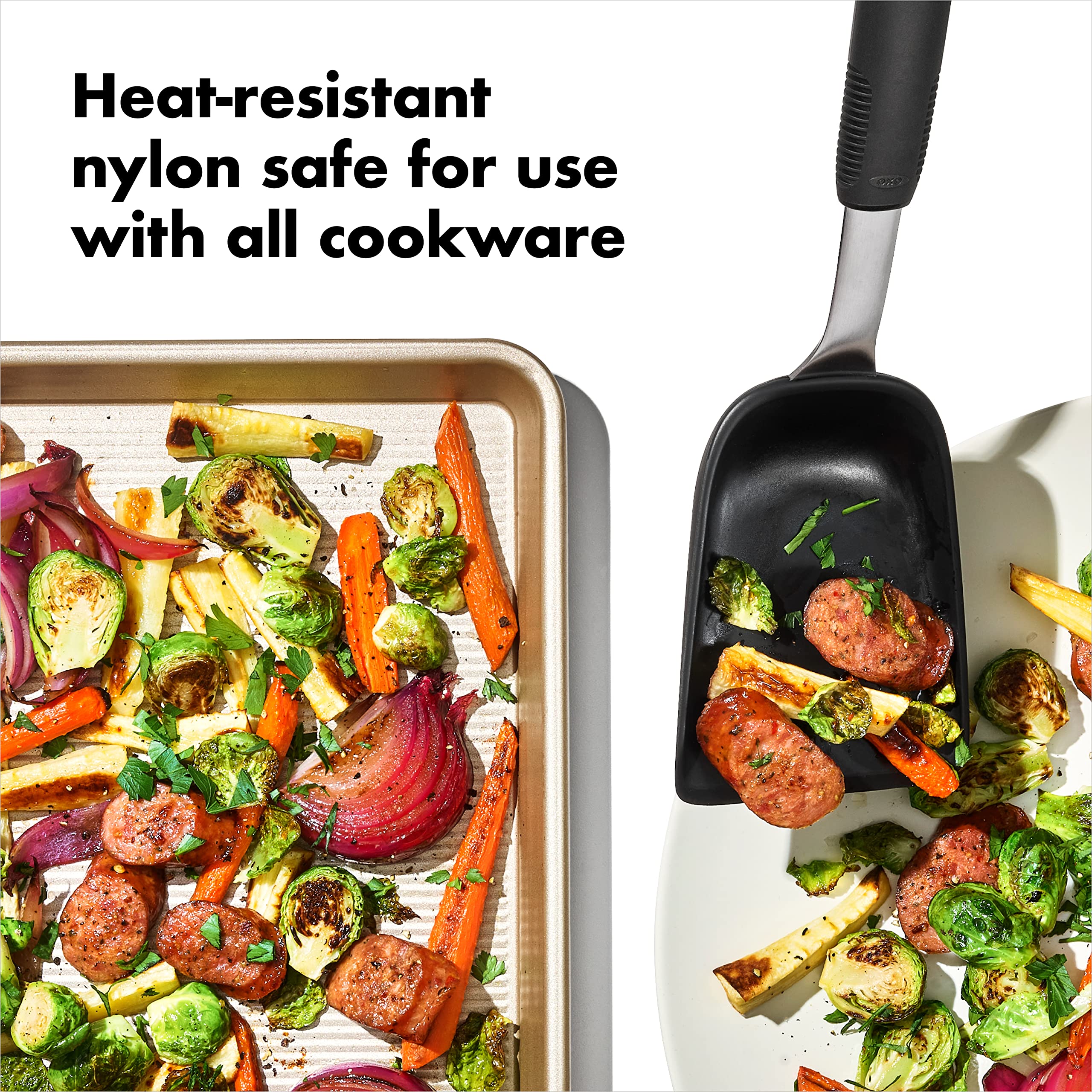 Lifting roasted vegetables and leftovers from pans with the scoop.