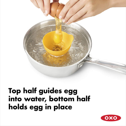 OXO Good Grips yellow poacher design supports safe removal with a silicone tab