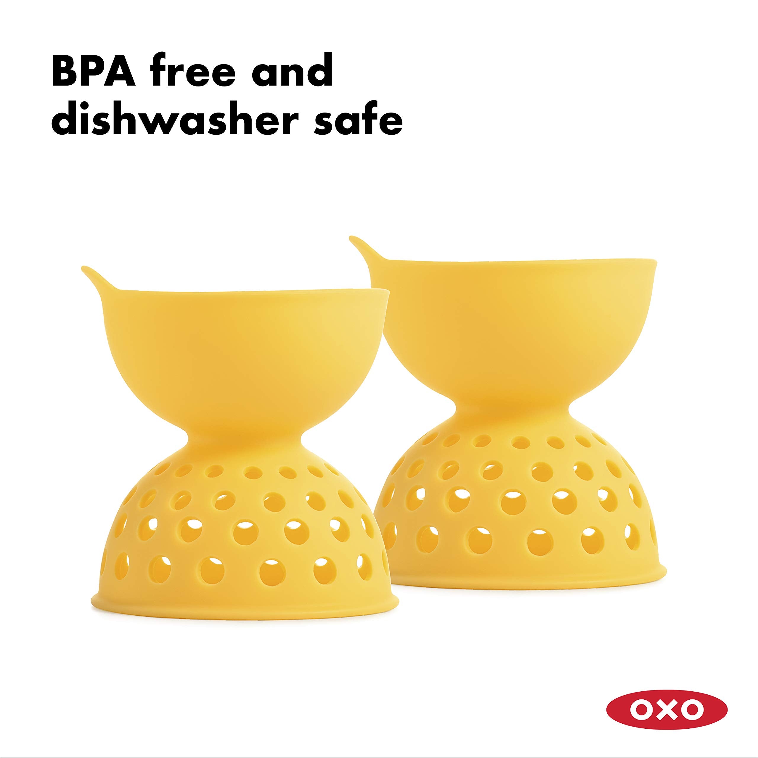 OXO Good Grips silicone egg poacher close-up highlights funnel guiding eggs into water