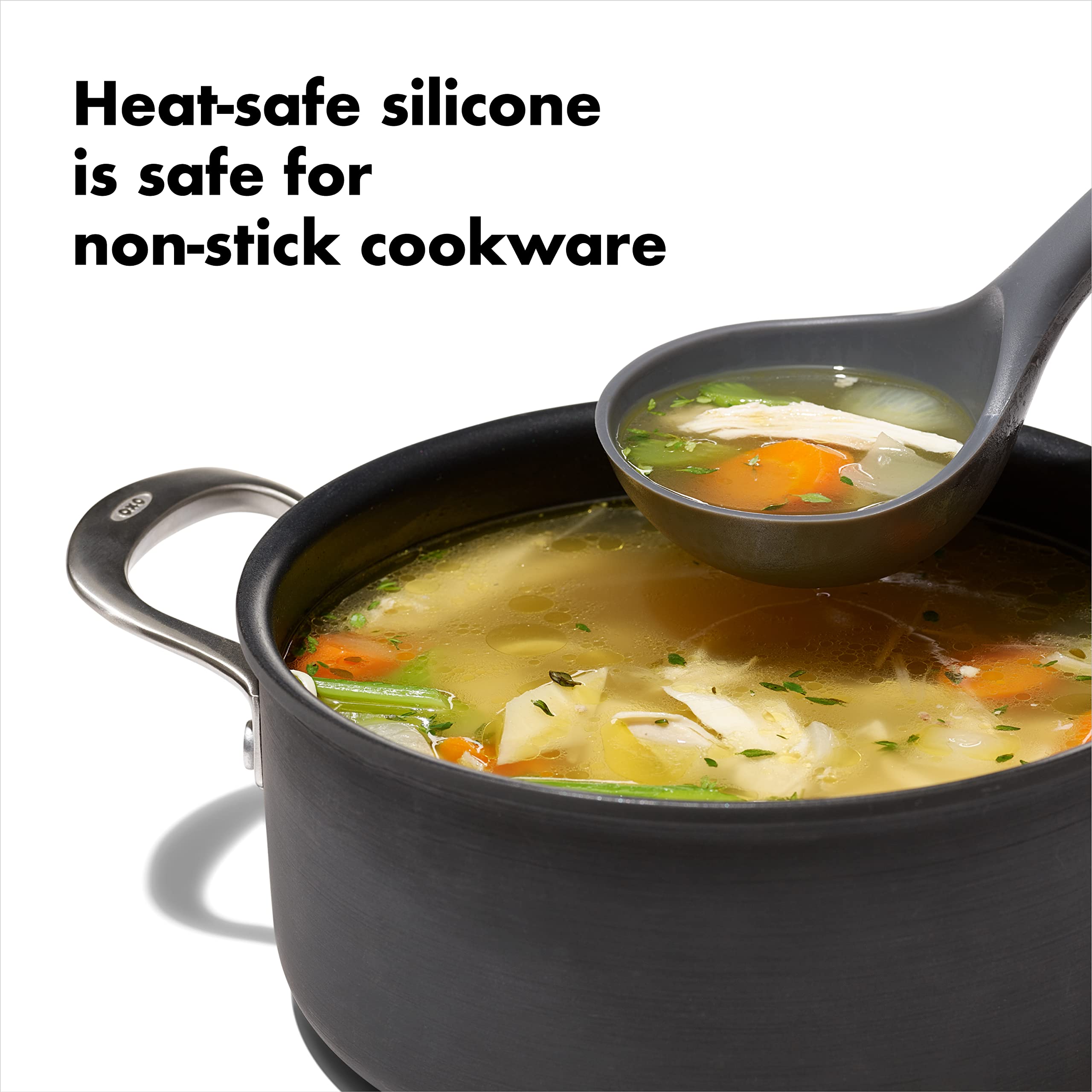 OXO Good Grips silicone everyday ladle angled design keeps liquid in the scoop.