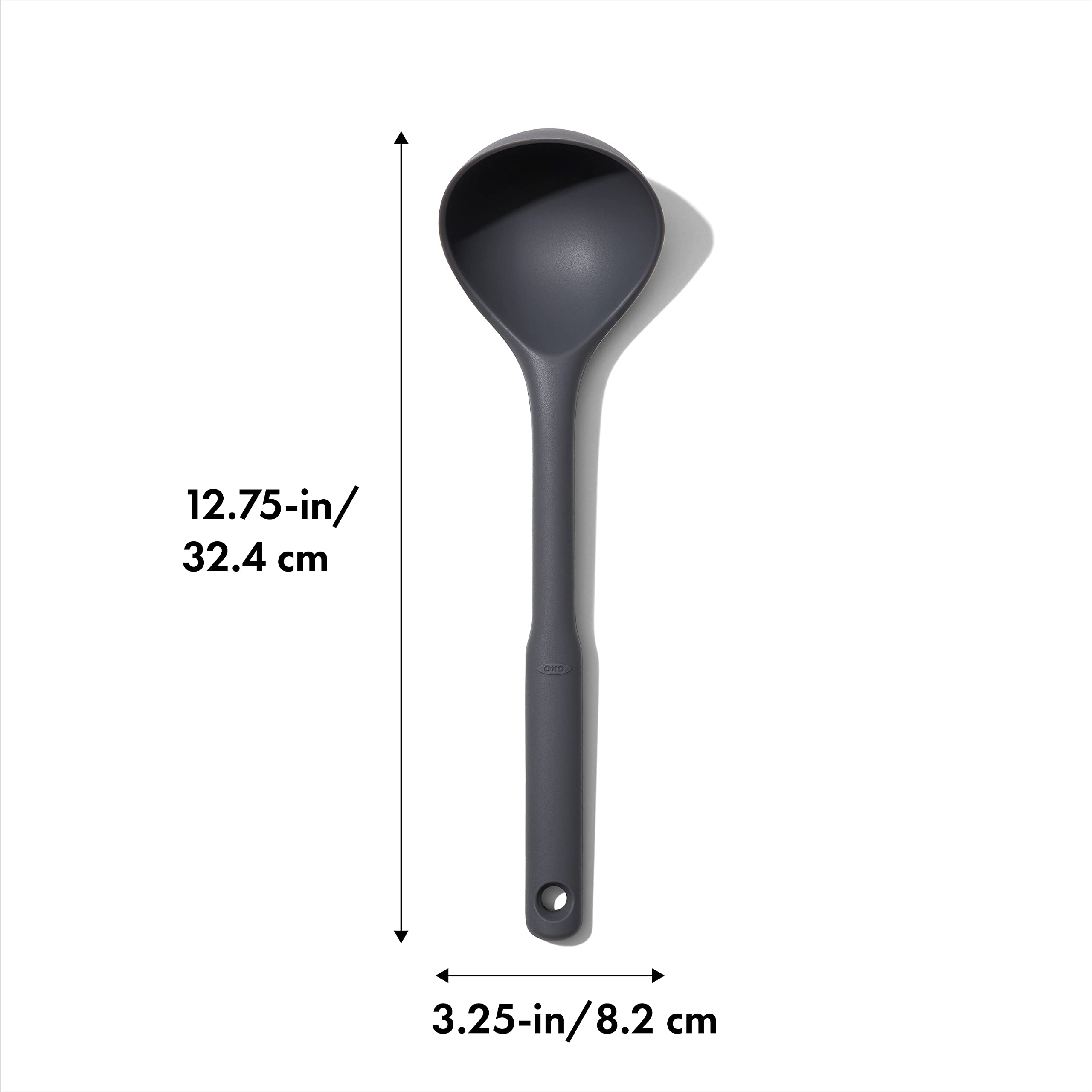 OXO Good Grips silicone everyday ladle curved front shows flexible scraping for curved pots.