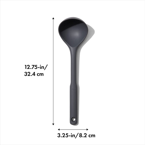 OXO Good Grips silicone everyday ladle curved front shows flexible scraping for curved pots.