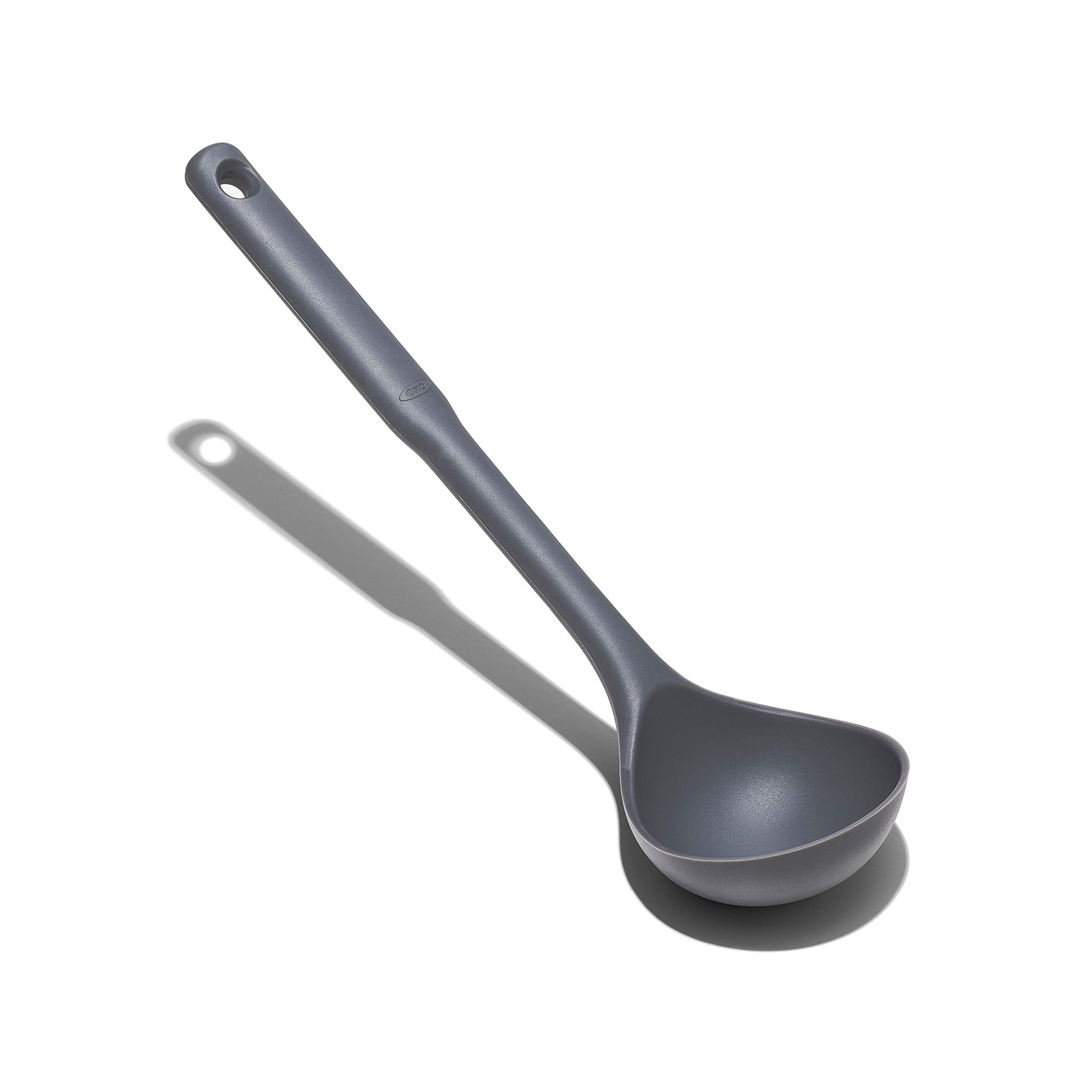 OXO Good Grips silicone everyday ladle dishwasher-safe for easy cleanup.