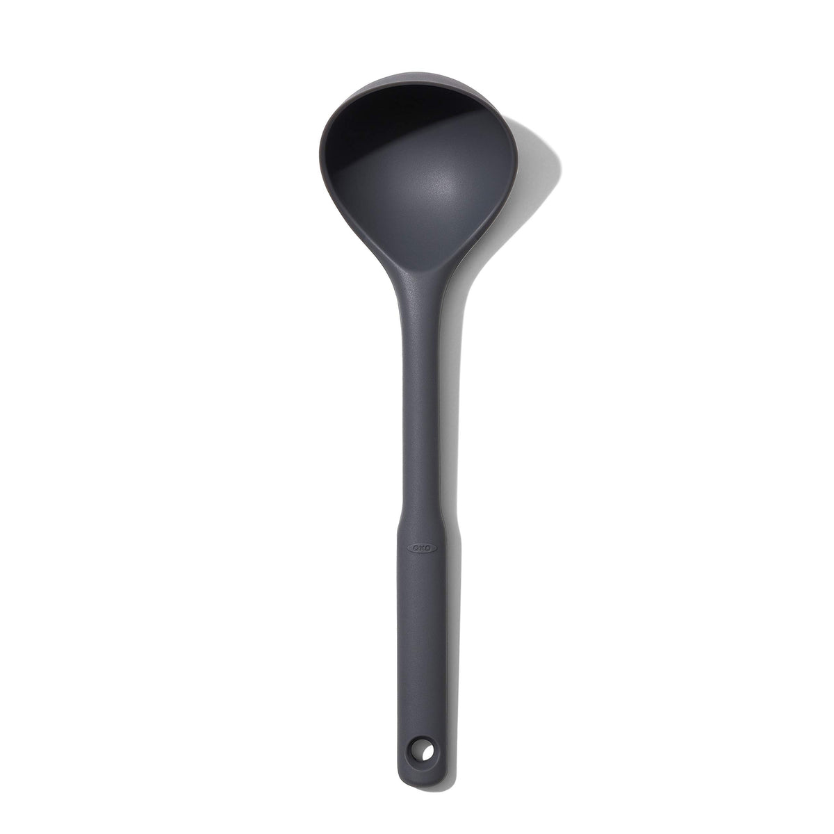 OXO Good Grips silicone everyday ladle handle closeup demonstrates the soft non-slip grip.