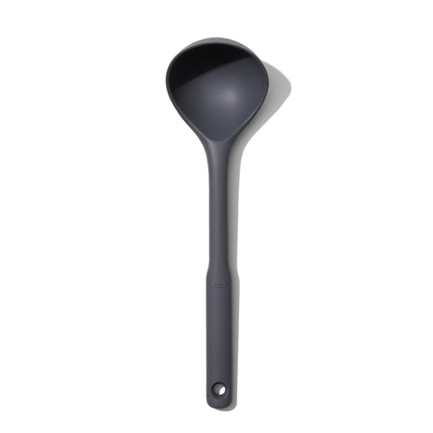 OXO Good Grips silicone everyday ladle handle closeup demonstrates the soft non-slip grip.