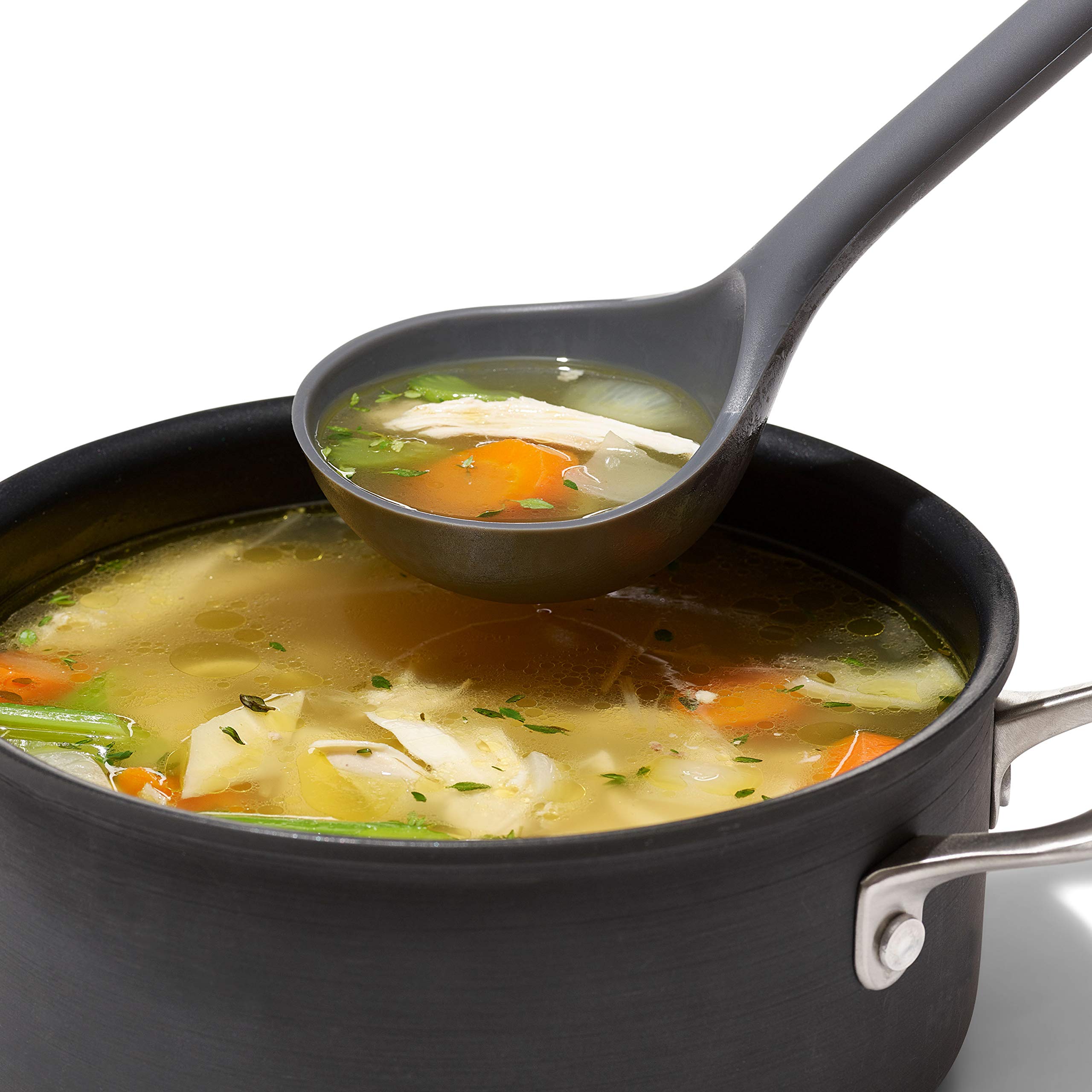 OXO Good Grips silicone everyday ladle non-stick friendly material is gentle on cookware.