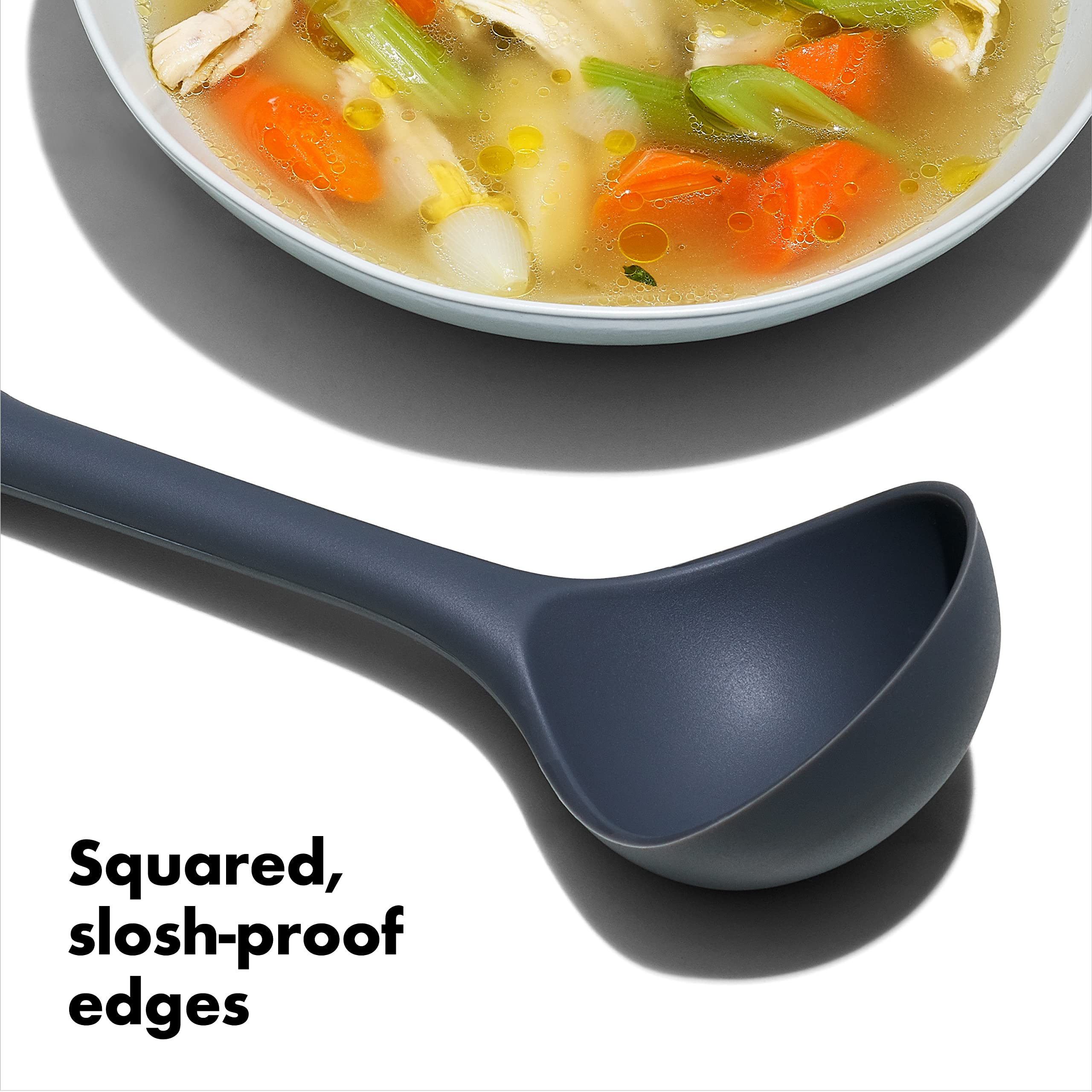 OXO Good Grips silicone everyday ladle soft non-slip handle enhances comfortable serving.