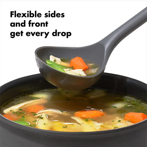 OXO Good Grips silicone everyday ladle squared edges promote cleaner, drip-free pouring.