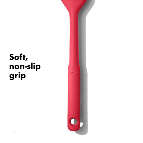 OXO Good Grips silicone everyday spatula soft grip handle for comfort.