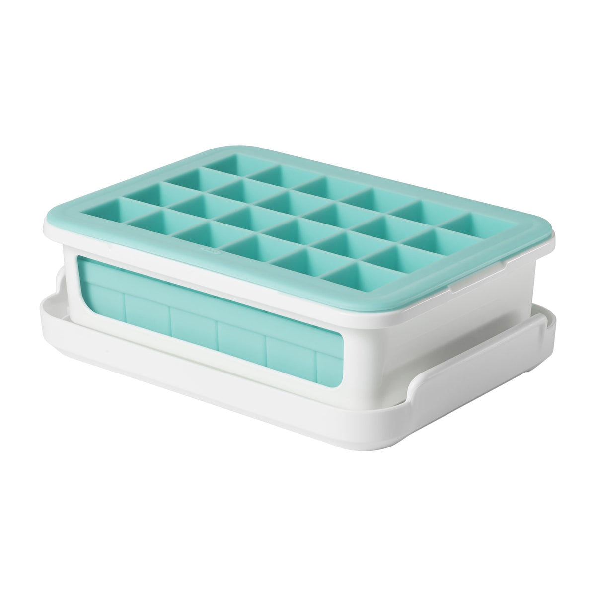 OXO Good Grips silicone ice tray with lid for easy release and stackable storage.