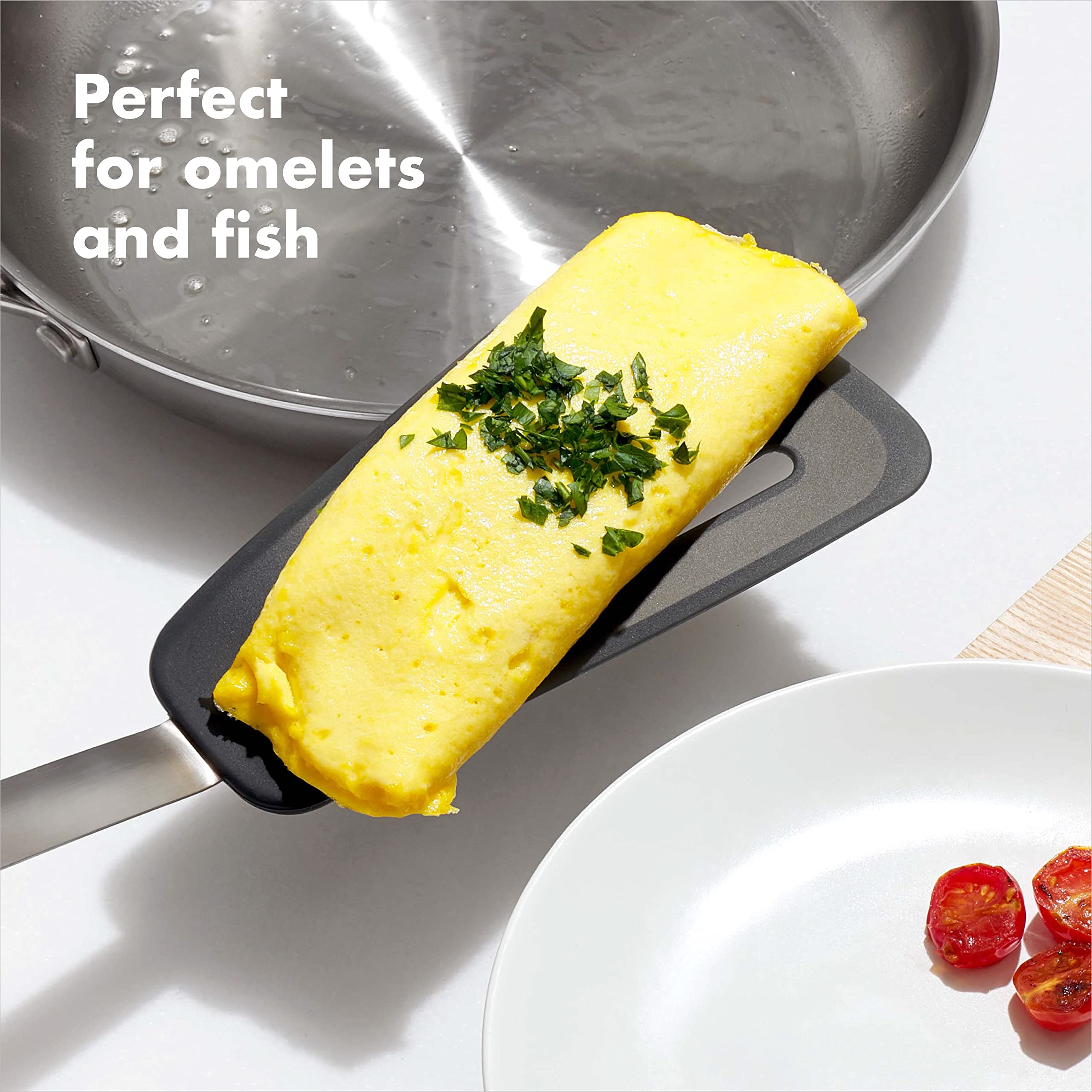OXO Good Grips silicone omelet turner safe for non-stick pans.