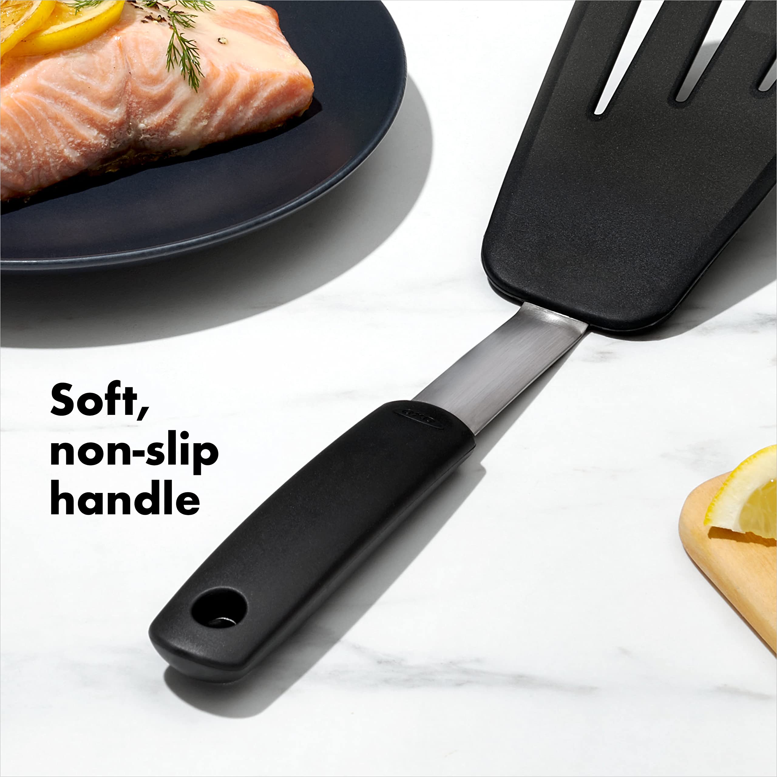 OXO Good Grips silicone omelet turner combines silicone head and steel core.