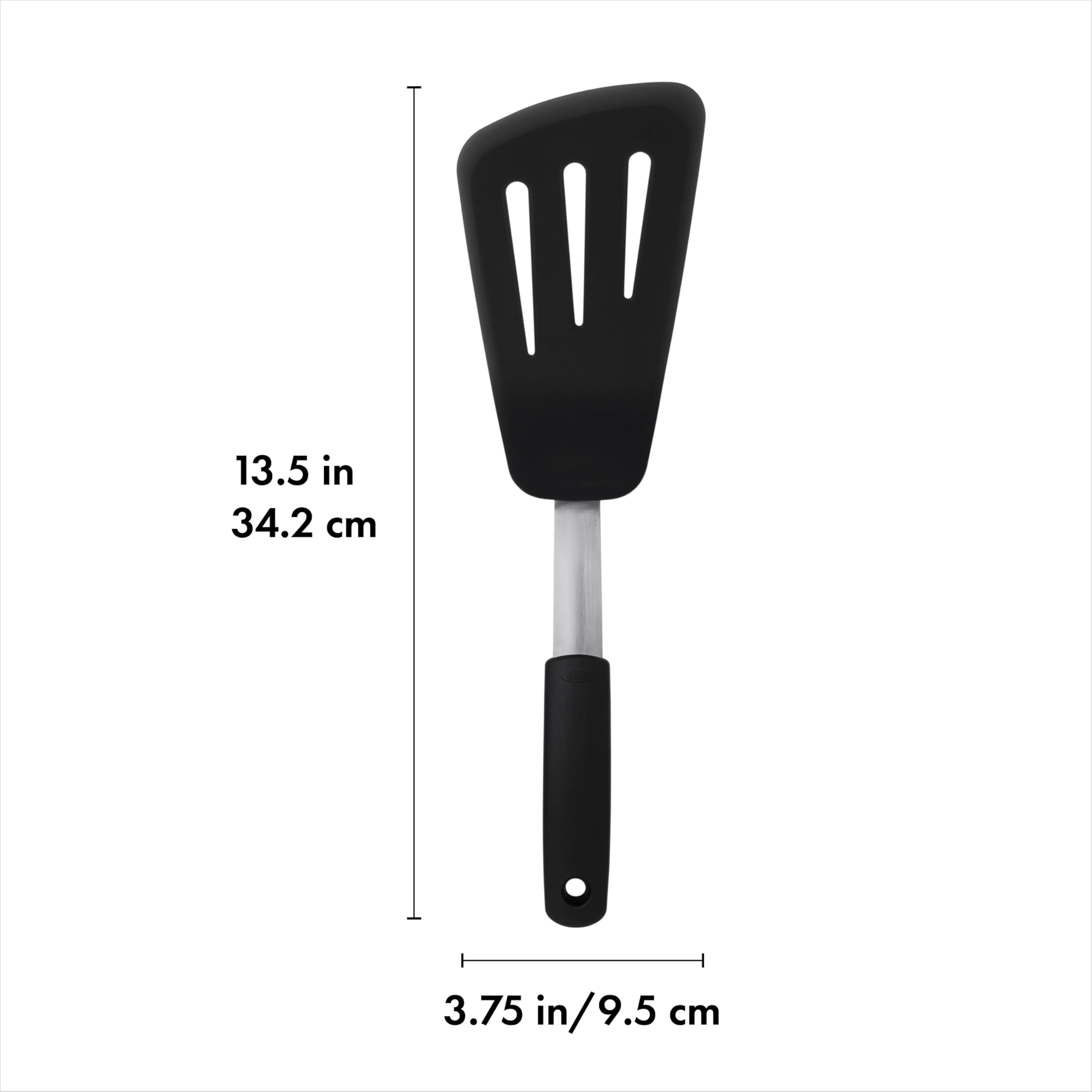 OXO Good Grips silicone omelet turner flips omelets with a flexible edge under food.