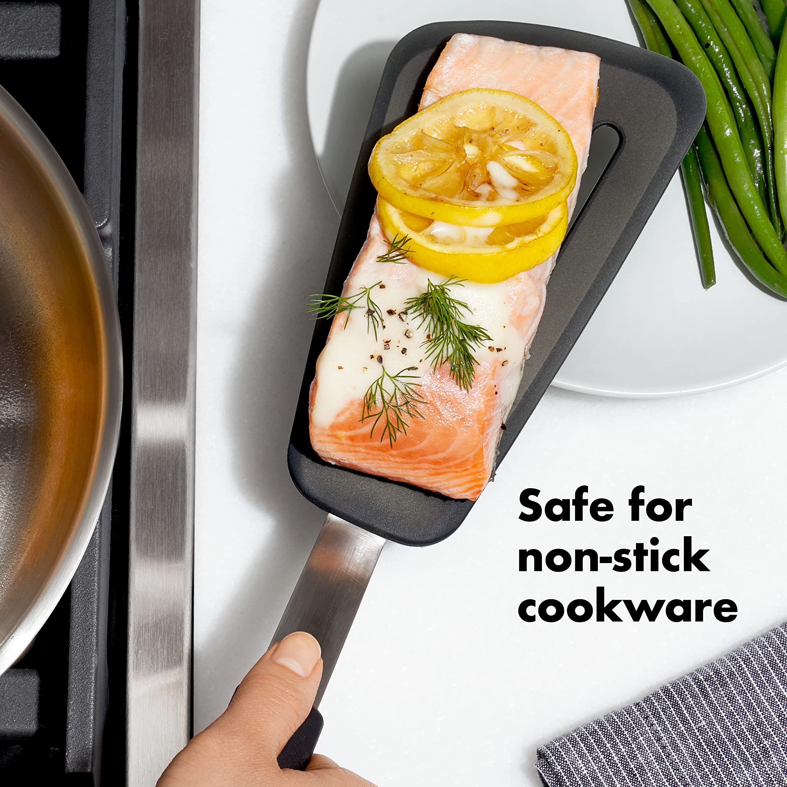 OXO Good Grips silicone omelet turner withstands high heat.