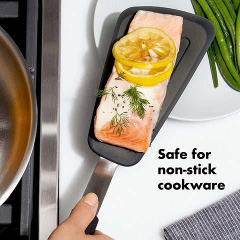 OXO Good Grips silicone omelet turner withstands high heat.