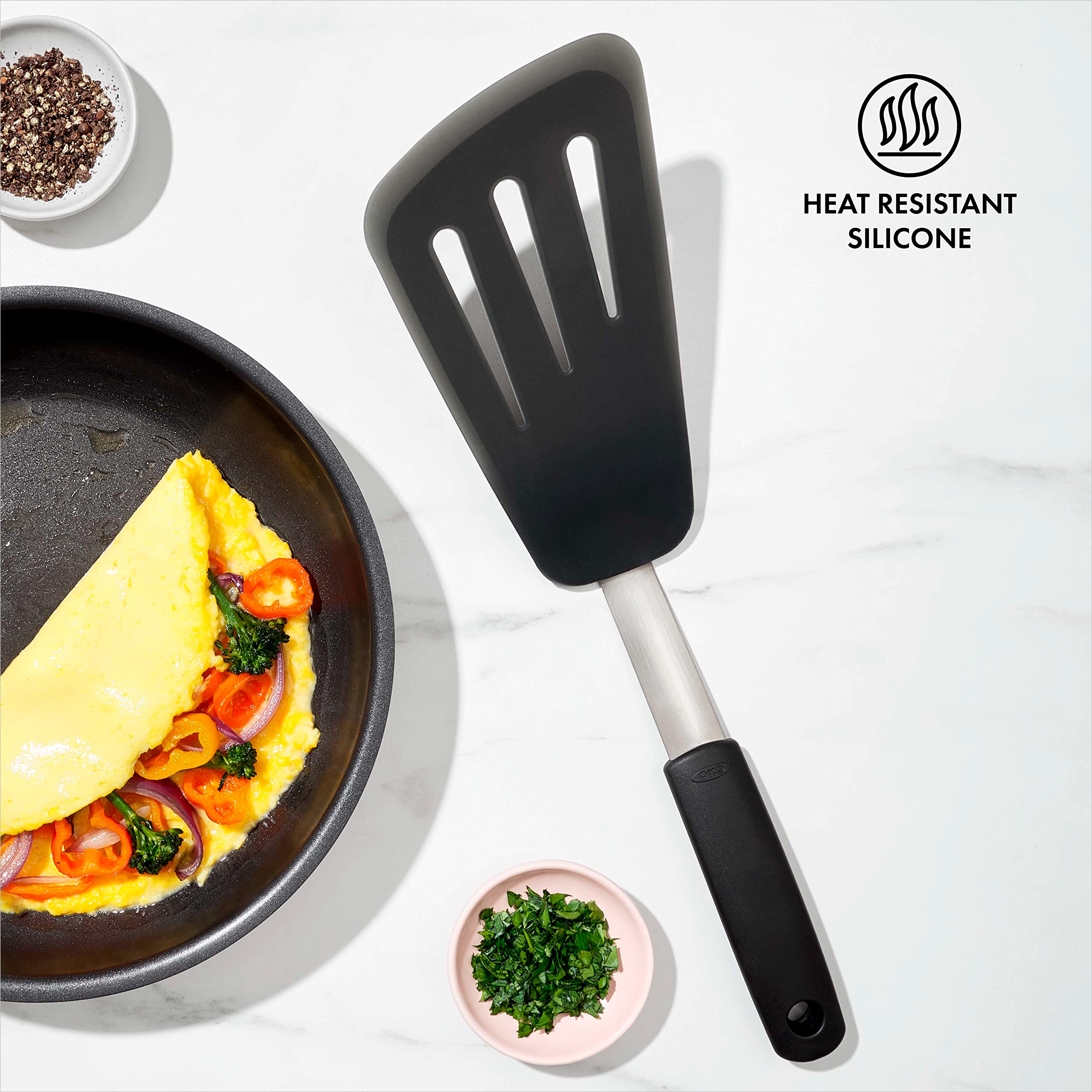 OXO Good Grips silicone omelet turner has a flexible stainless steel core.