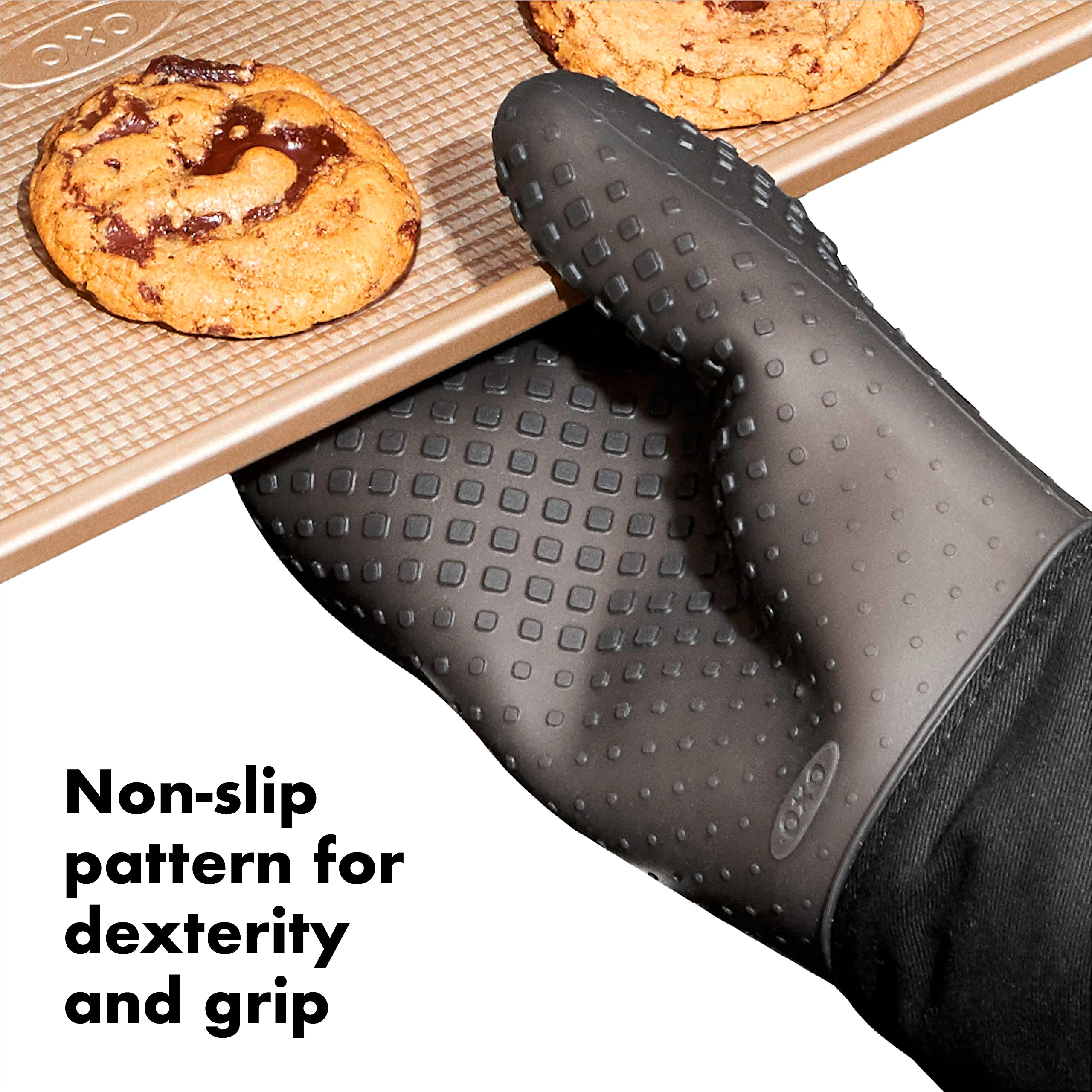 OXO Good Grips silicone oven mitt shows 13-inch tapered fit for arm protection