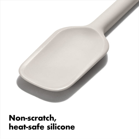 OXO Good Grips silicone spoon spatula is dishwasher safe for easy cleanup.