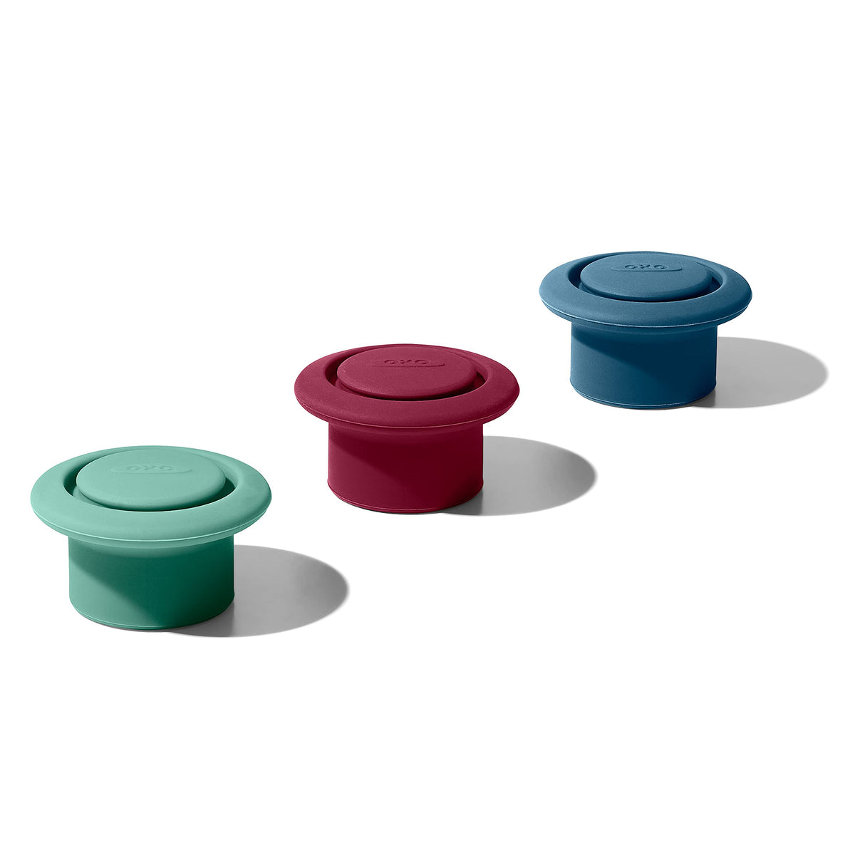 OXO Good Grips silicone wine stoppers cover the bottle opening for an airtight seal.