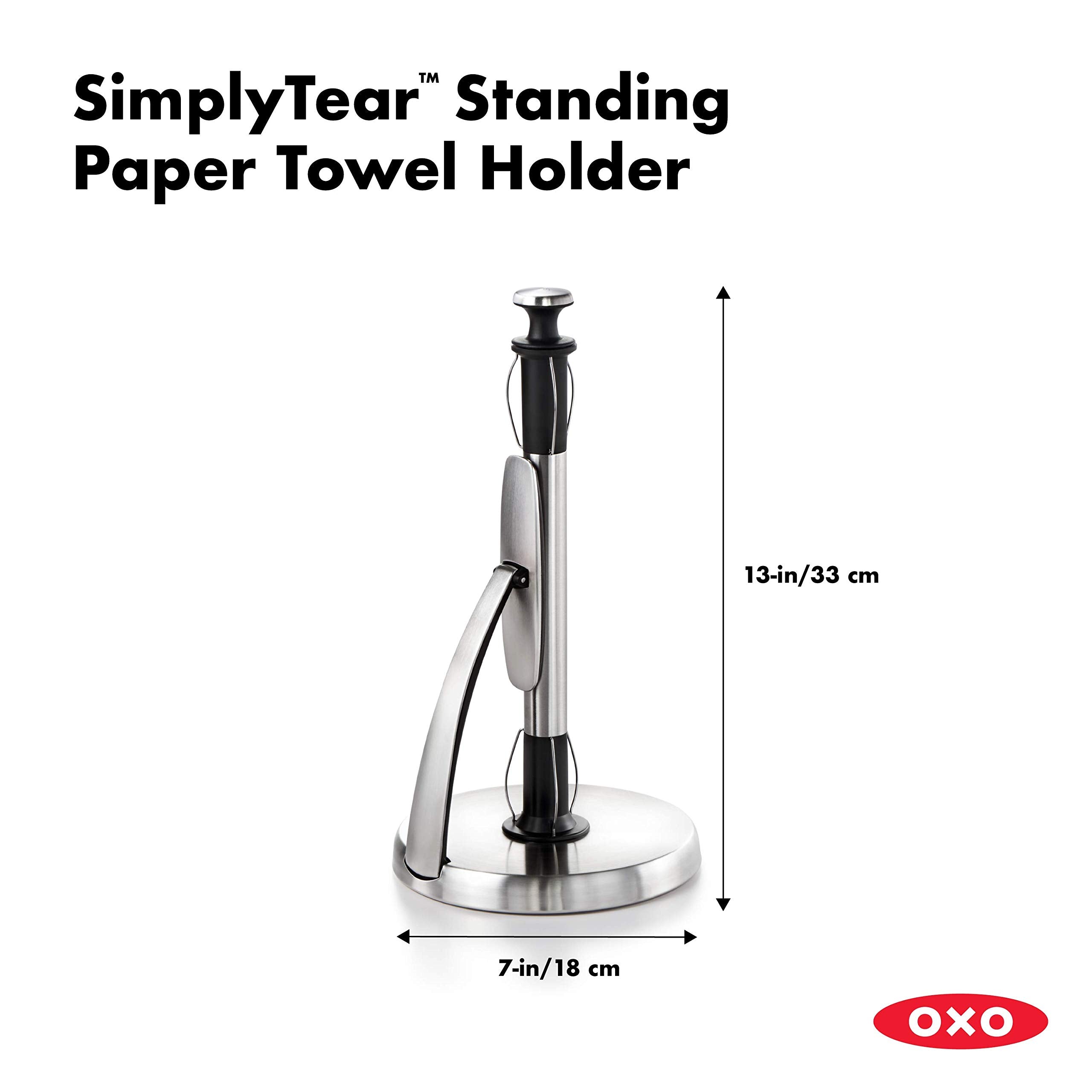 OXO Good Grips SimplyTear weighted base keeps the holder steady on the counter