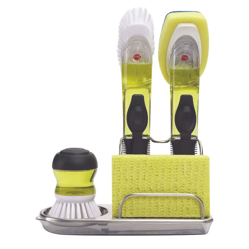 OXO Good Grips sink caddy full setup showing organized brushes and sponges.