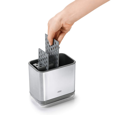 OXO Good Grips sinkware caddy on countertop shows durable stainless steel