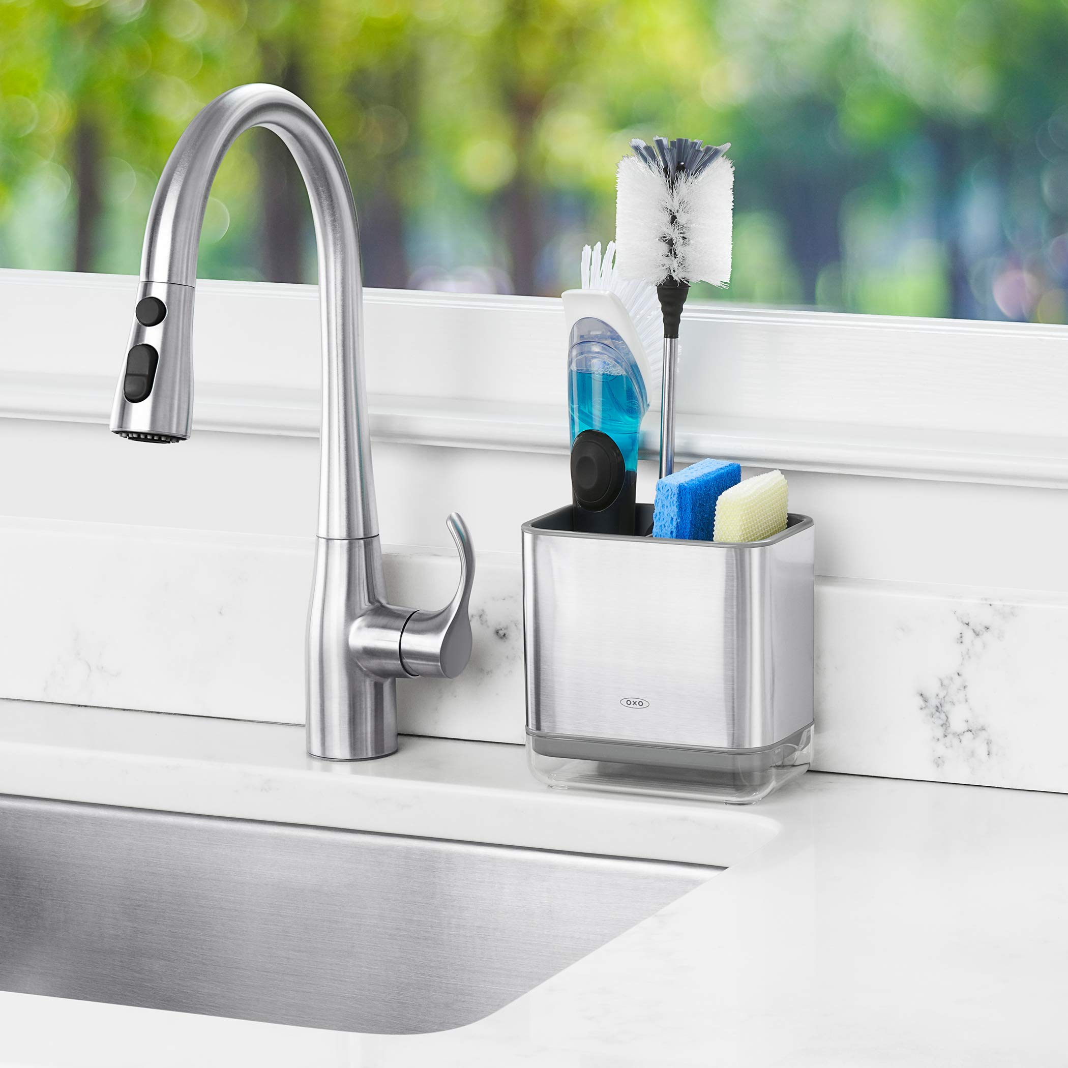OXO Good Grips sinkware caddy open configuration on counter with drip tray