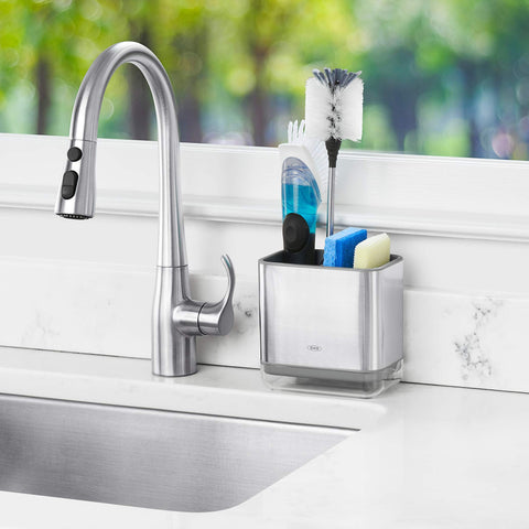OXO Good Grips sinkware caddy open configuration on counter with drip tray