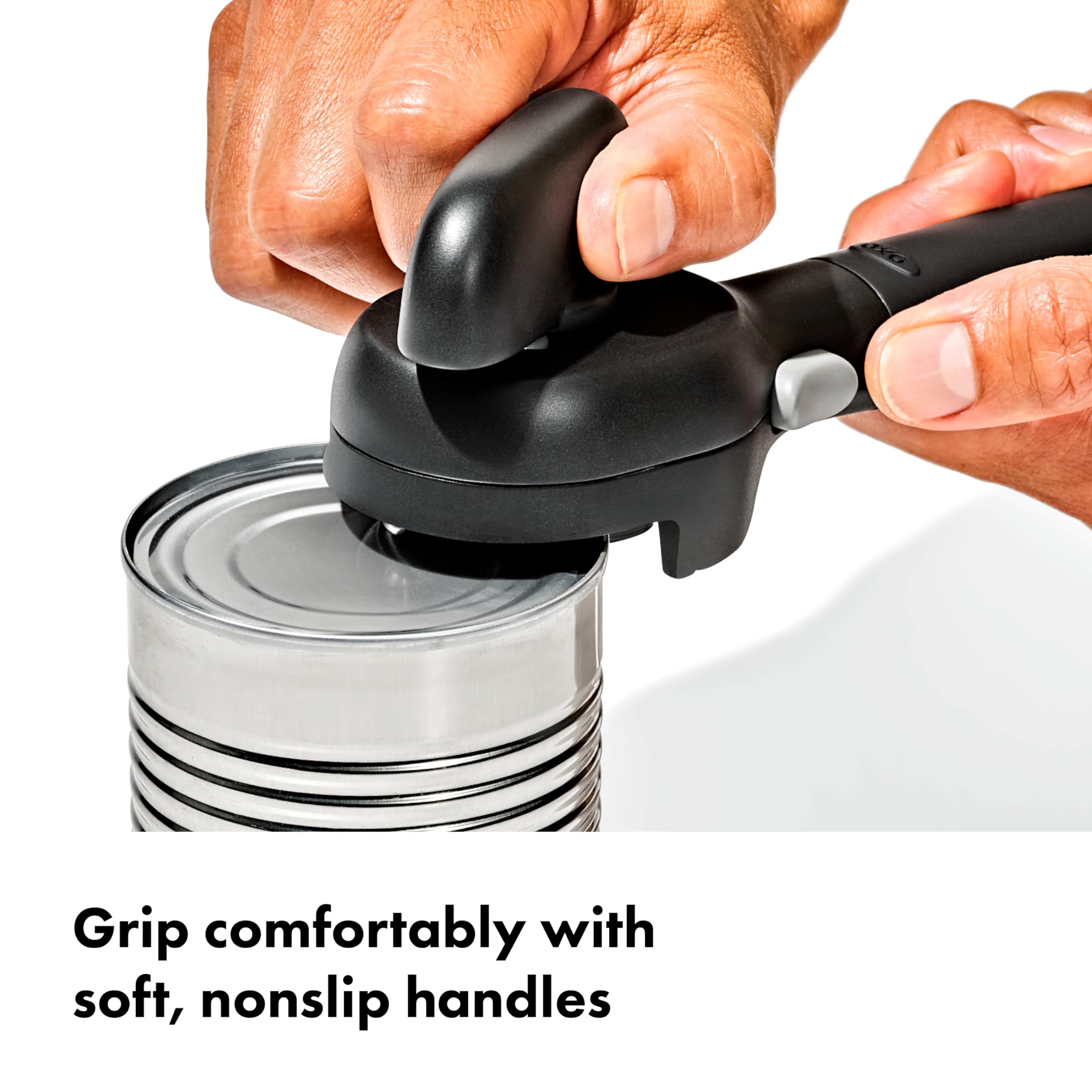 Soft-grip knob and non-slip handles on the OXO opener improve comfort and control